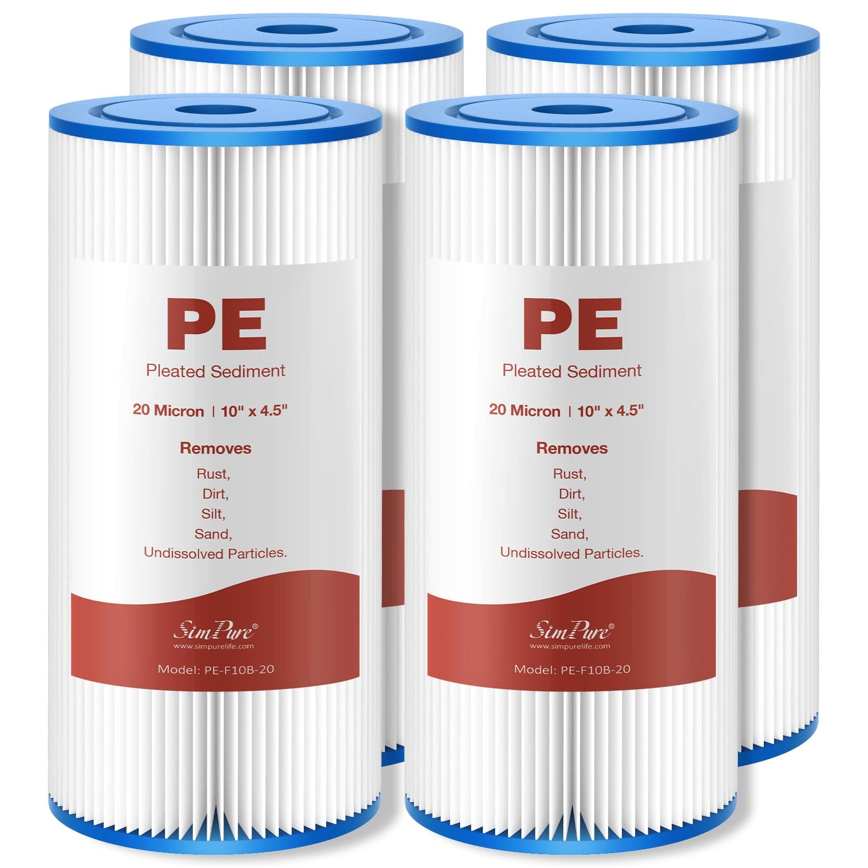 SimPure 10"x4.5" Pleated Sediment Water Filter, 20 Micron Whole House Water Filter Cartridge for Well Water Compatible with FXHSC, ECP20-BB, R50-BBSA, CB1-SED10-BB (4 Pack)