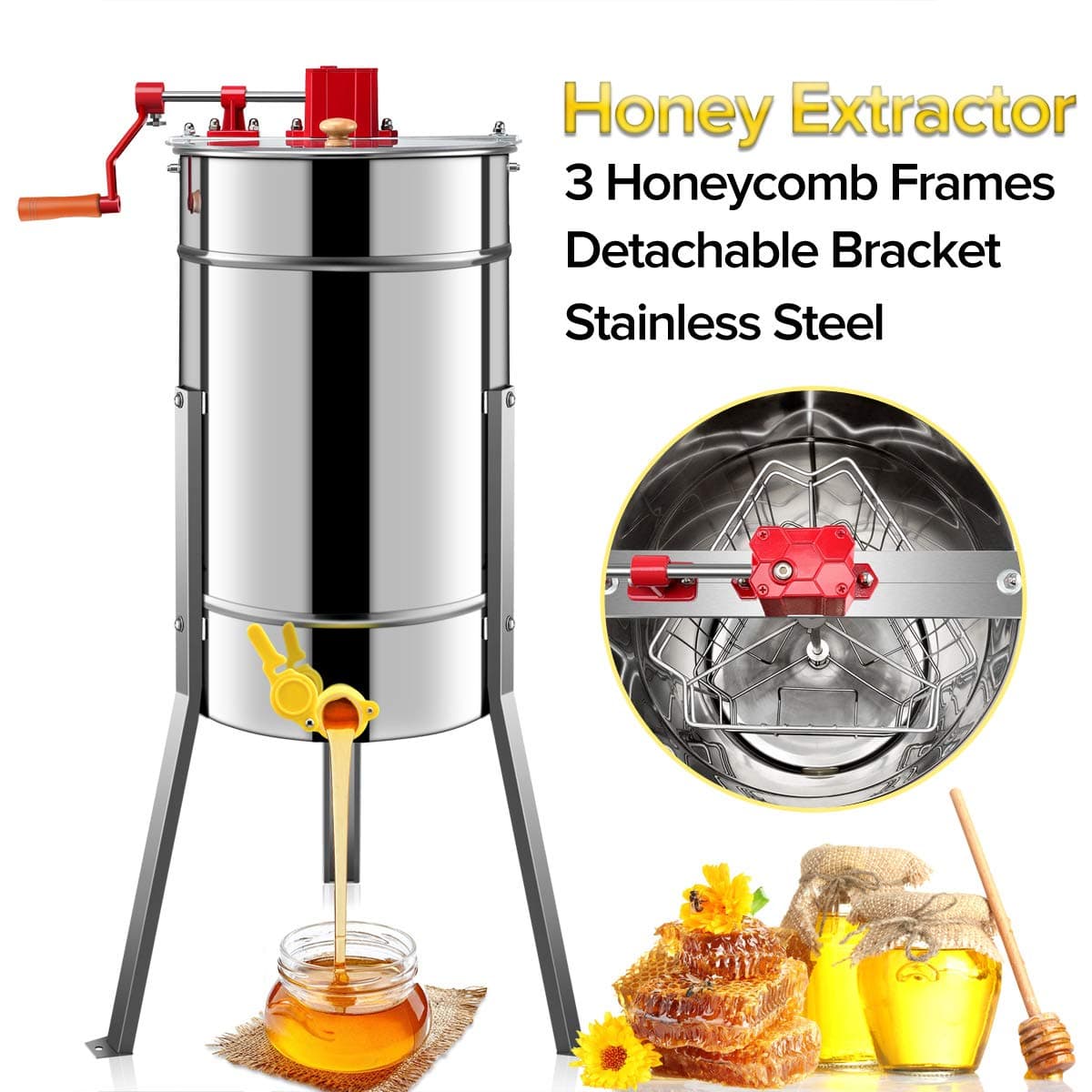 SHUOGOU Honey Extractor, Manual Bee Honey Extractor Honeycomb, Stainless Steel Beekeeping Equipment with Spinner 3 Frames Sieve Honey Strainer