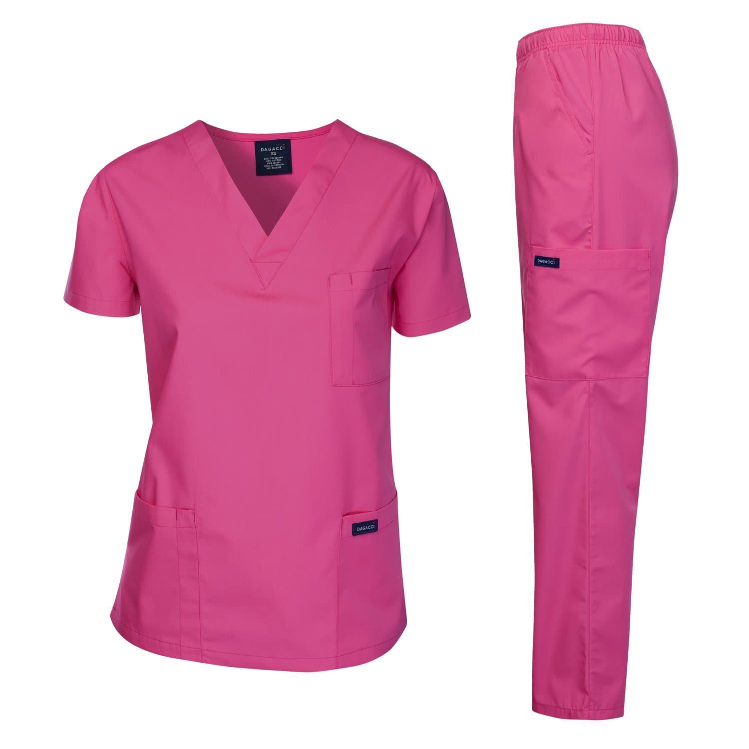 DAGACCI Women's and Men's Medical Scrubs Top and Pants Set, Hot Pink, S