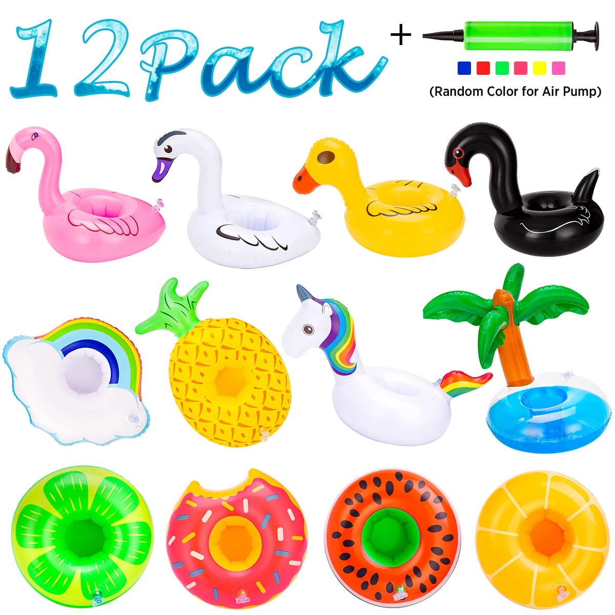 cossy Inflatable Drink Holders, 12 Pack Drink Floats Cup Coasters with Free Air Pump, Easy to Store and Stable, for Summer Pool Parties and Kids Fun Bath Toys