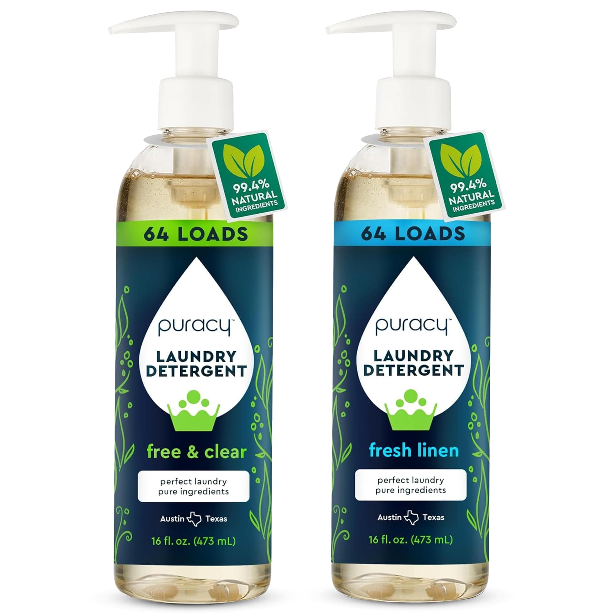 Puracy Laundry Detergent - Enzyme-Powered Liquid Laundry Detergent Concentrate, Natural Laundry Detergent Seen on TikTok, Non-Toxic (Free & Clear, and Fresh Linen, 16 fl oz, 2-Pack, 128 Loads)