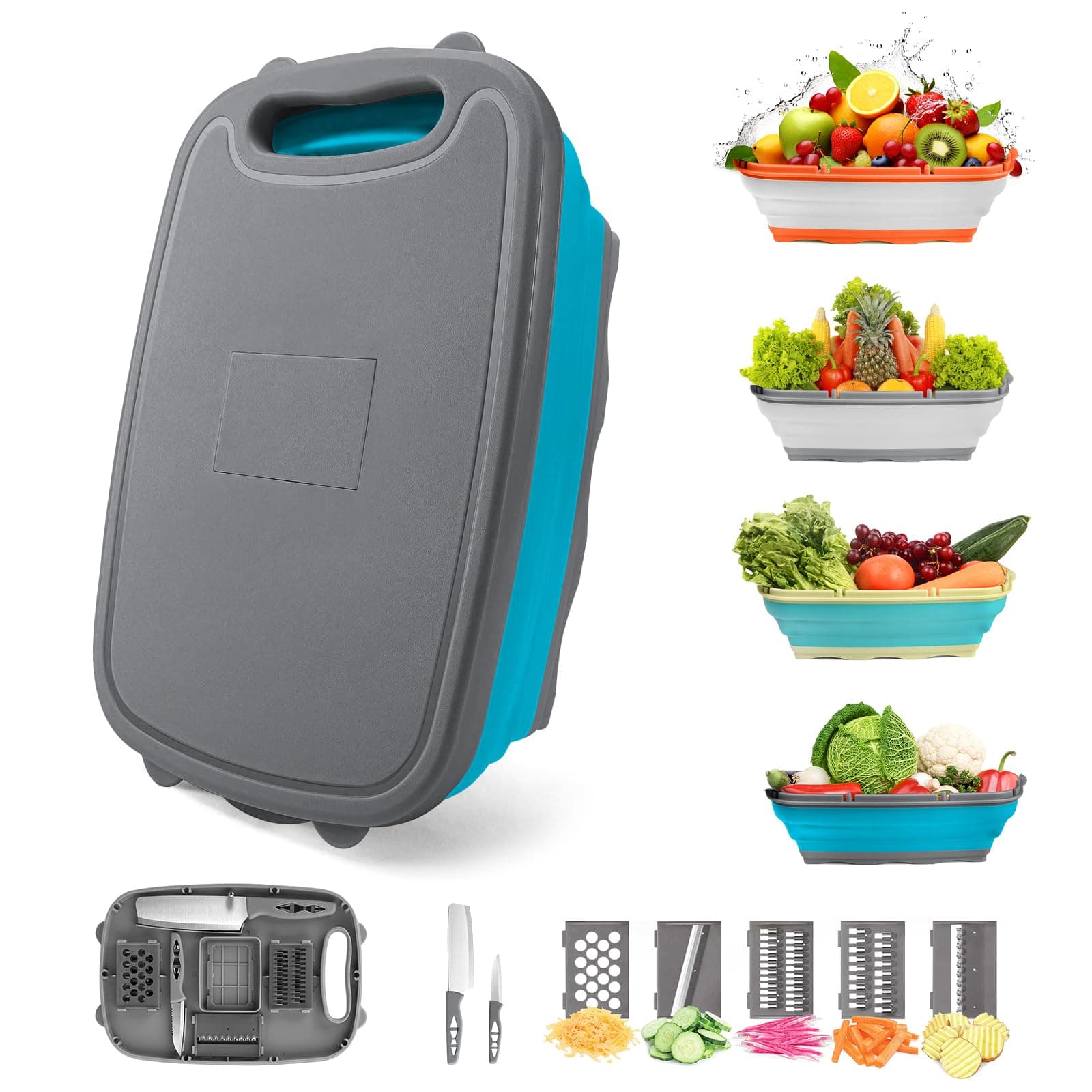 Gintan Camping Cutting Board, 9-in-1 Collapsible Chopping Board with Colander, Gifts for Campers Happy Camper,Camping Accessories for RV Campers(Blue+Grey)