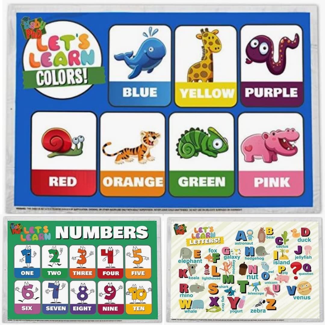 Disposable Placemats for Baby, Kids, & Toddlers - Let's Learn Design - Table Mat or Topper for Restaurants, Stick-On Placemat for Travel, Sticky Strips Stay in Place - 3 Designs, Pack of 60