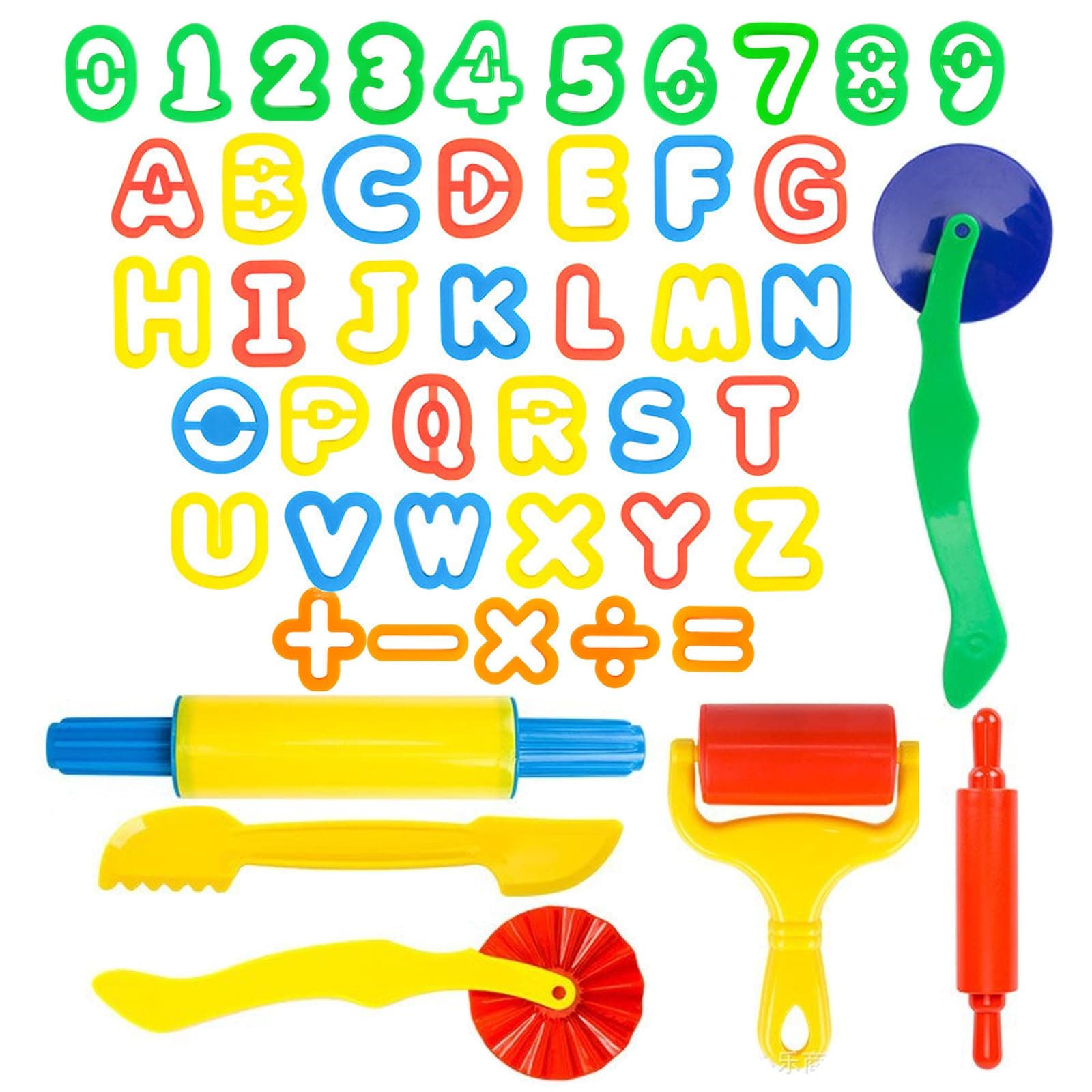 46-Piece Tools Dough & Clay Party Pack ABC's Shapes – Mega Tool Playset Includes Many Colorful Cutters, Molds, Rollers & Play Accessories