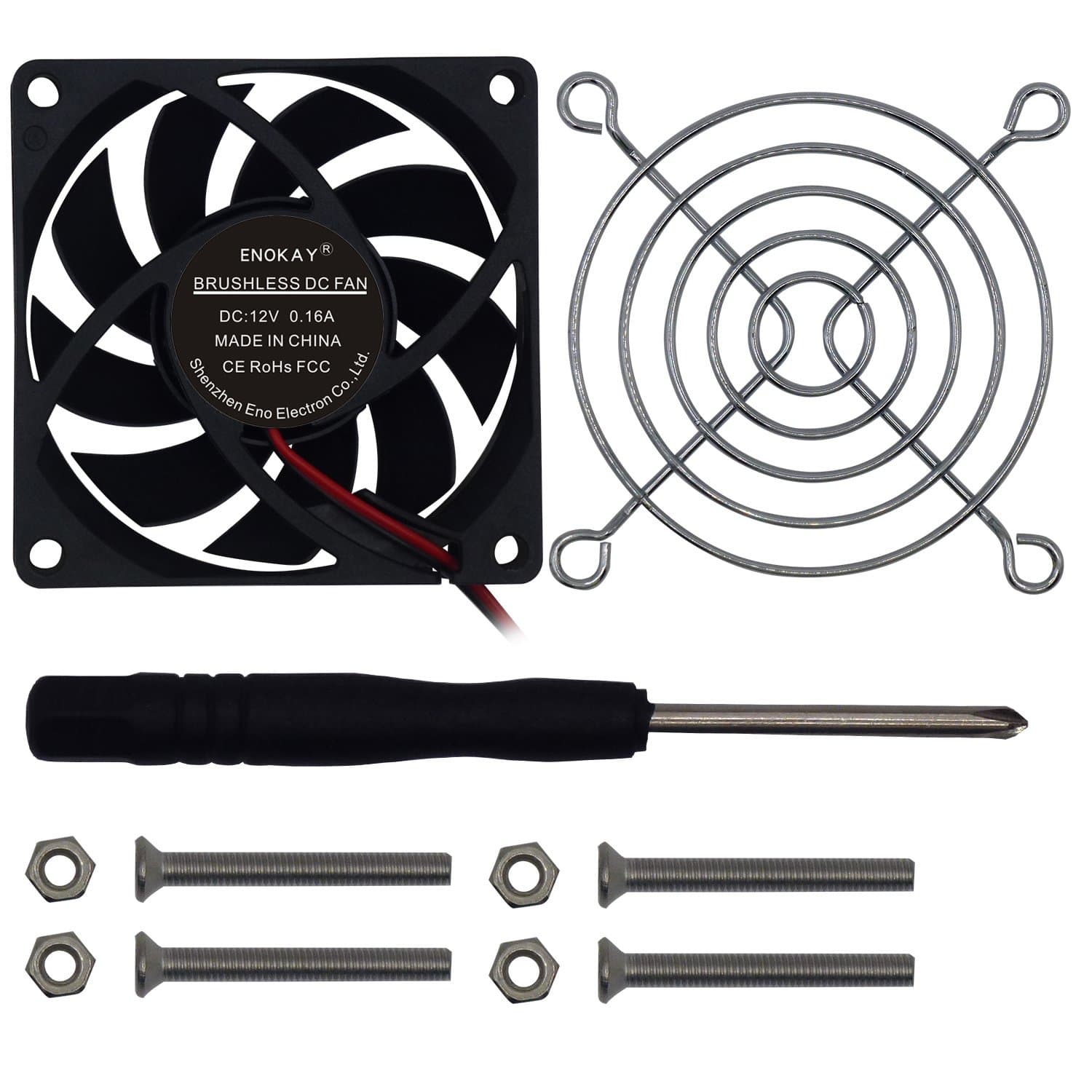 Enokay DC 12V 0.16A 70mm x 70mm x 15mm Brushless DC Cooling Fan+ 1 Piece 70mm Fan Grill (70×70×15mm)