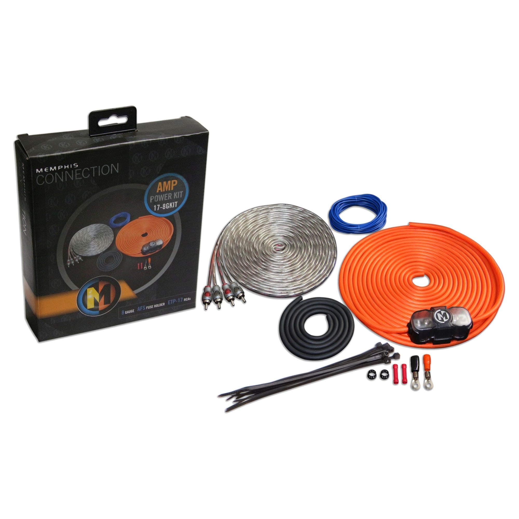Memphis Audio 8GKIT 8-Gauge Amp Install Kit -AFS Fuse Holder with 60A Fuse, and A Pair of ETP-17 17-Foot RCAs