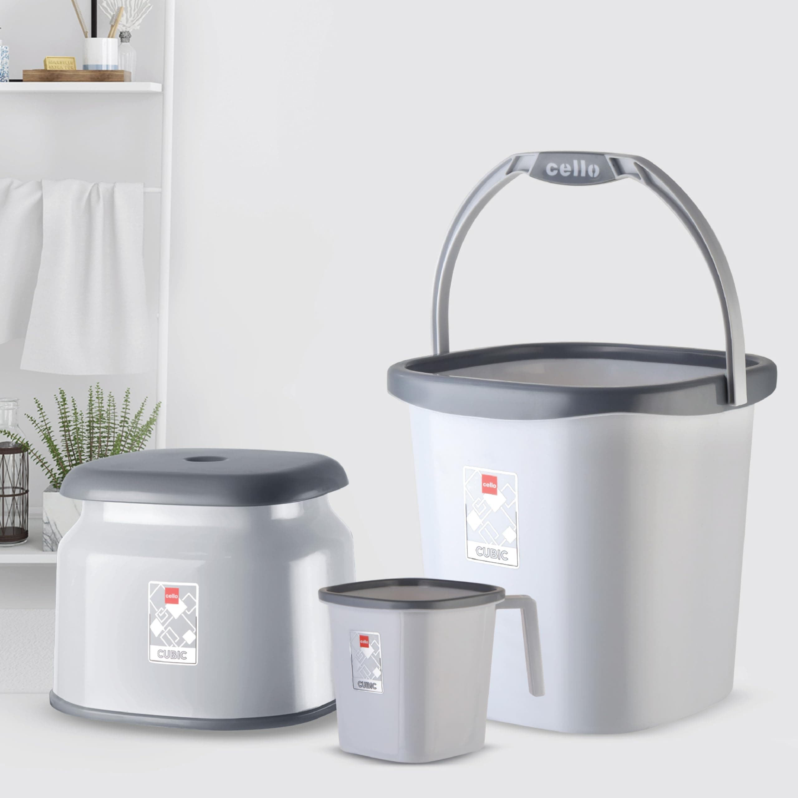 Cello Cubic Bathroom Set Sturdy & Durable Cubic Set(Bucket 20L + Stool + Mug 1.5 L) Lightweight & Rigid Easy to Clean & Attractive Design Set of 3 Plastic,Grey