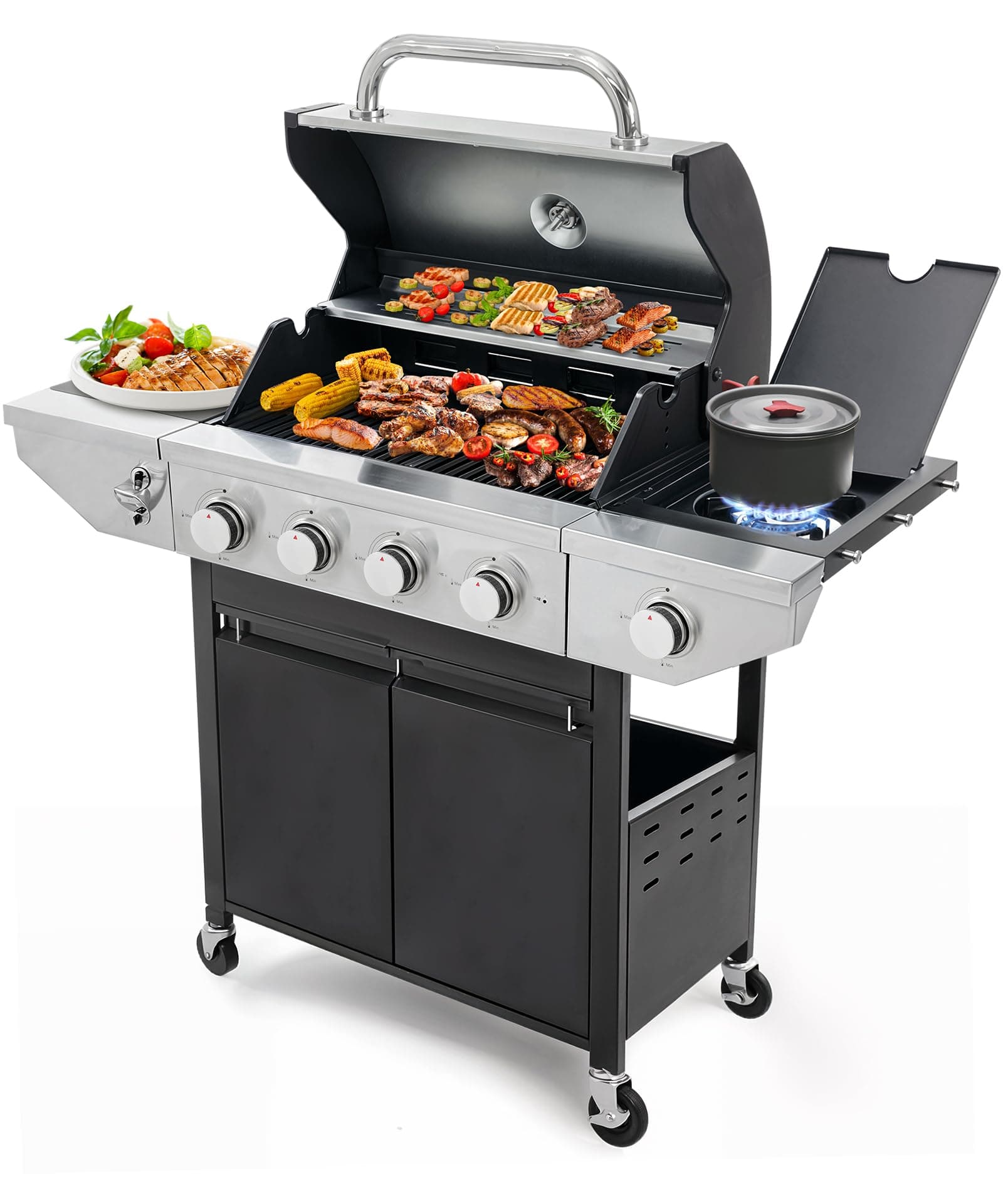 - 4 Burner Propane Gas Grill with Side Burner, Stainless Steel BBQ Grill 48,500 BTU for Outdoor Cooking Kitchen, Garden and Patio Backyard Barbecue, Dark Black and Silver