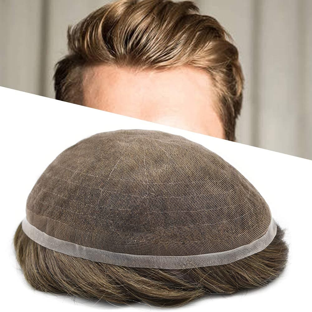 LYRICAL HAIR Full French Lace Toupee for Men Front Bleached Knots Human Hair System Transparent All Lace Hair Replacement Natural Hairline Mens Wigs Hairpieces (8"X10", #410 Medium Brown+10% Gray-110% Light to Medium Density)