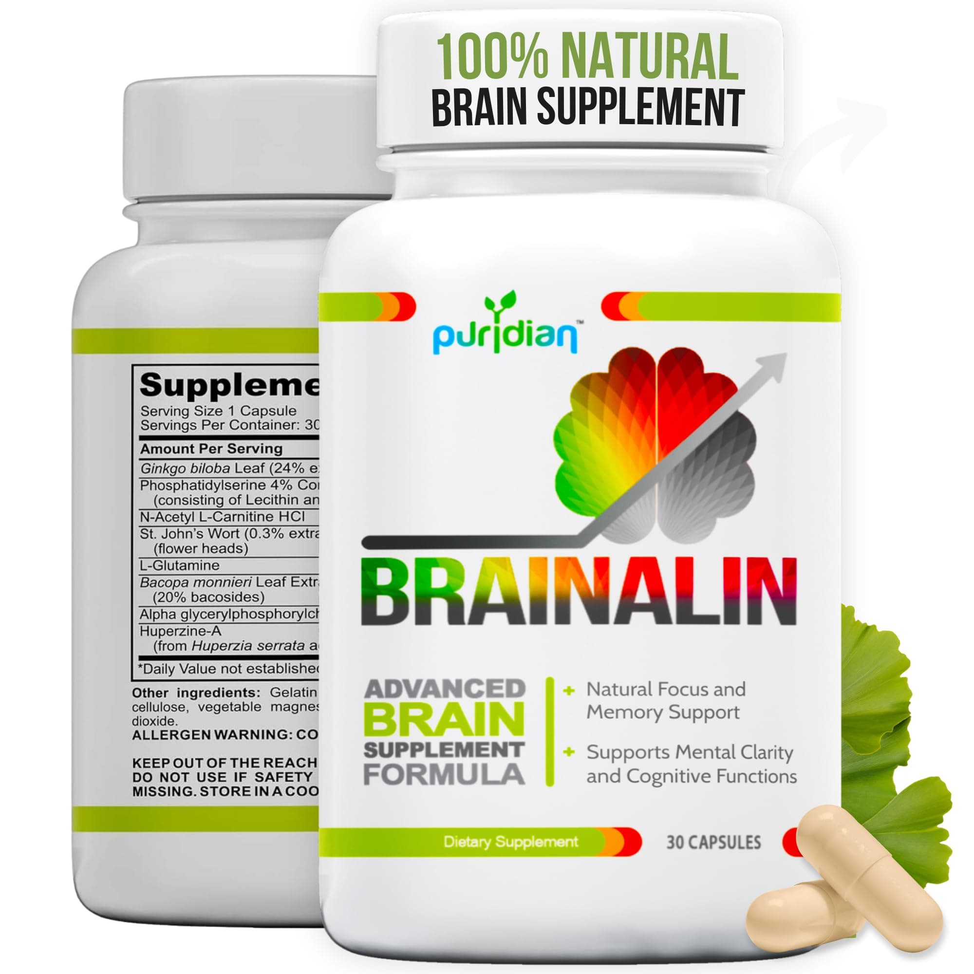 Puridian Brain Supplement for Memory Focus and Concentration | Brainalin Natural Nootropic Capsules | Vitaminas para El Cerebro y Memoria | Non-GMO, Caffeine-Free