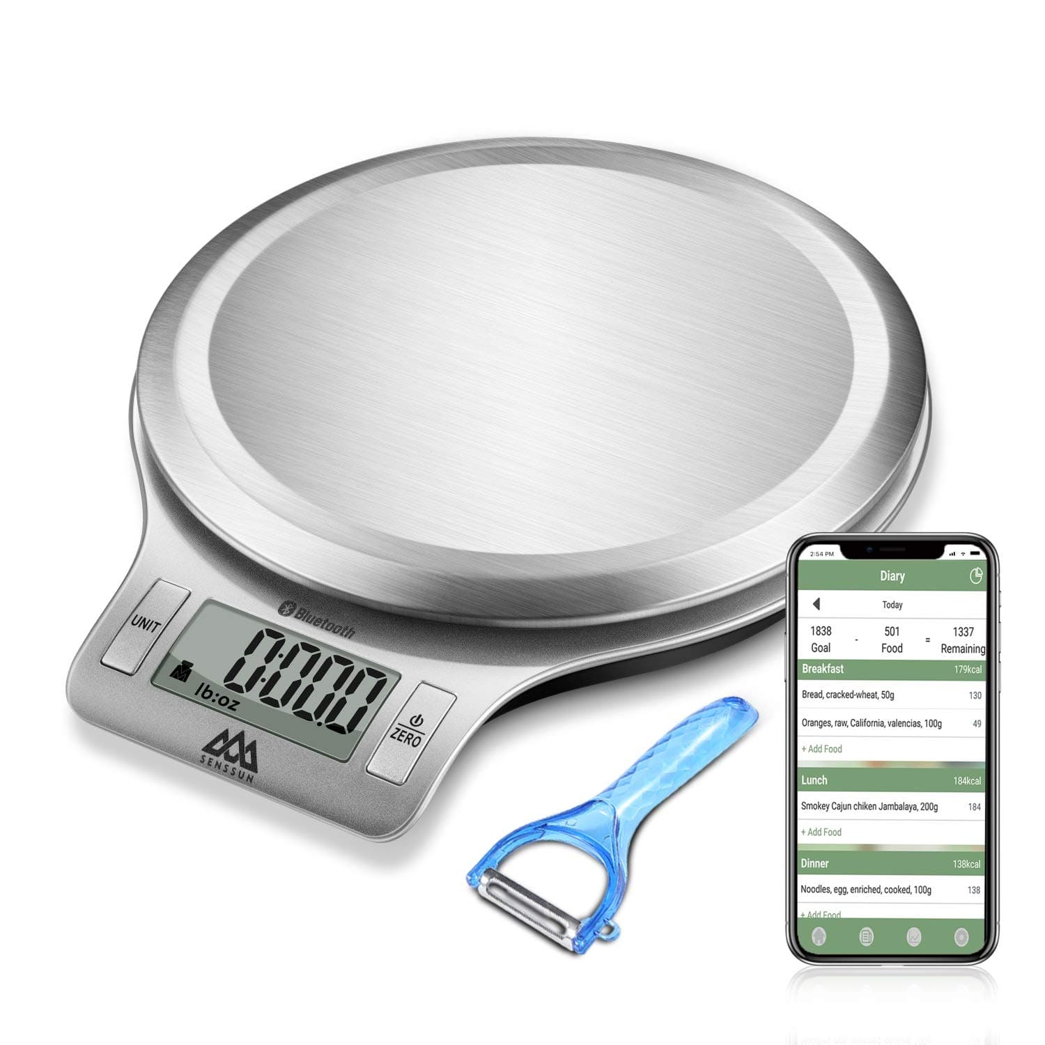 Senssun Nourish Digital Kitchen Food Scale with Vegetable Peeler - Smart Nutrition Scale with App, Tracking Calories Intake, Bluetooth（Silver）