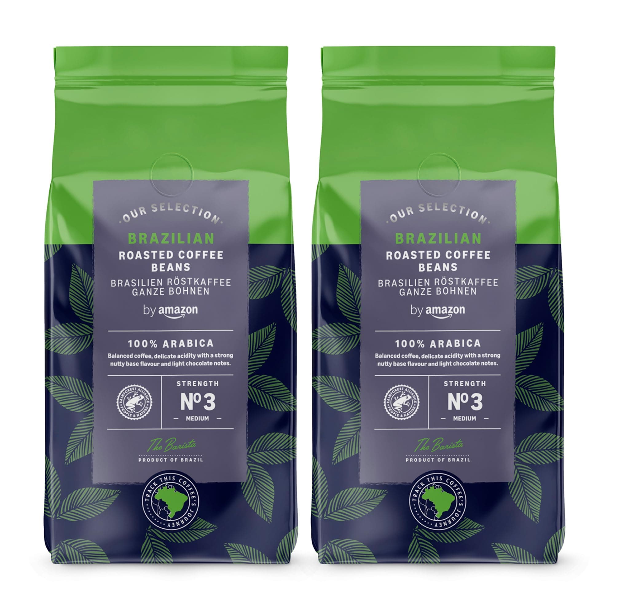Brazilian Coffee Beans, Medium Roast, 1 Kg (2 Packs of 500g)- Rainforest Alliance Certified