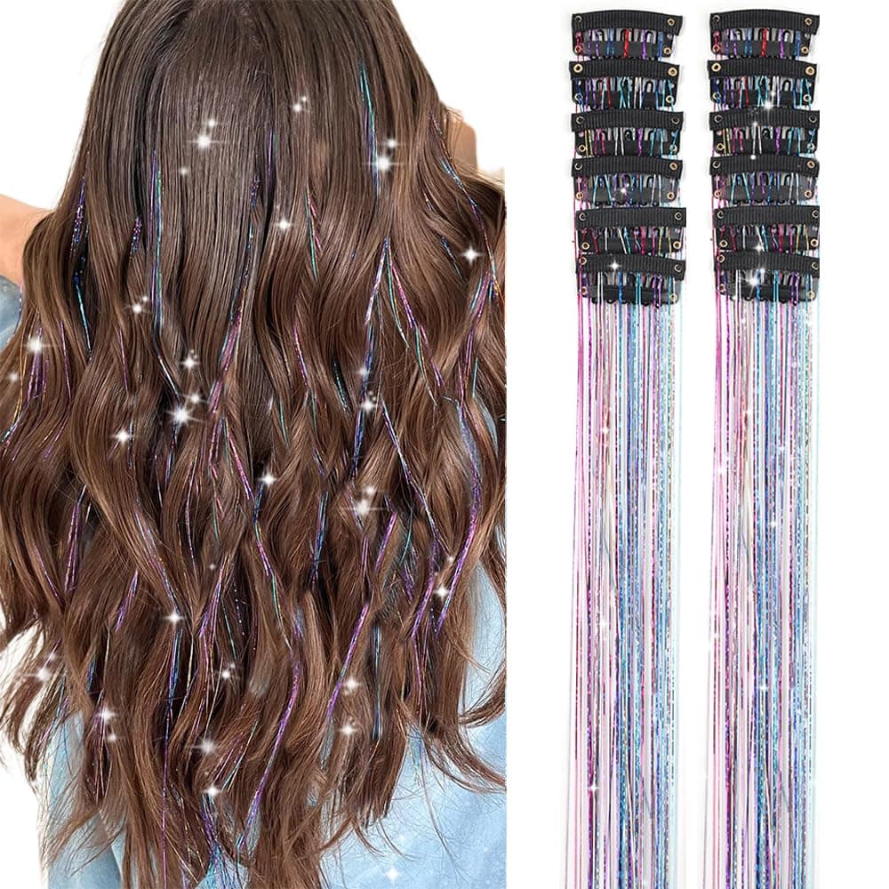 Hair Tinsel Pack of 12 Pcs Colorful Glitter Hair Accessories 20 Inch Clip in Hair Tinsel Extensions Fairy Hair Accessories Party Kit for Women Girls 12Pcs,Colorful#