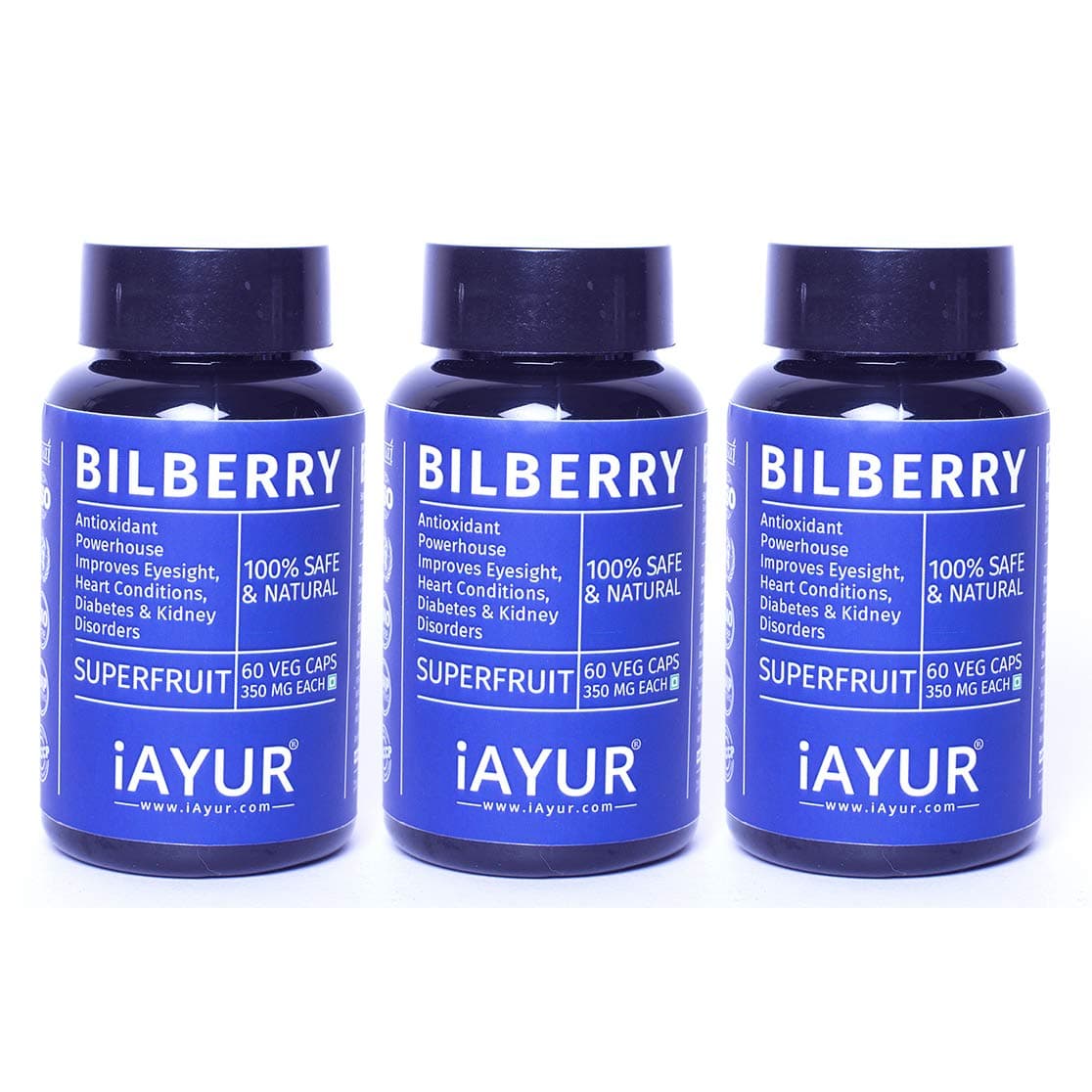 iAYUR Tested and Certified Potent; Natural; Safe Bilberry Extract 350 Mg 60 Veg Capsules (Pack of 3)
