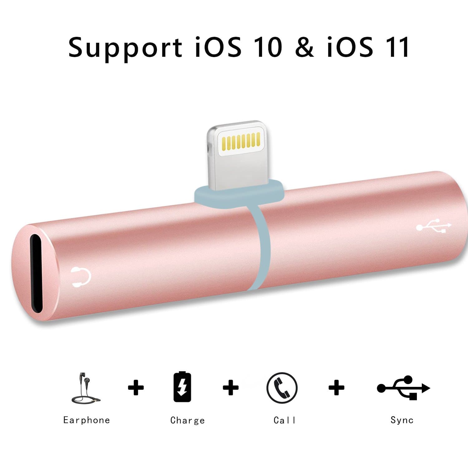 2 in 1 Lightning Adapter for iPhone 7, Dual Lightning Headphone Audio & Charge Adapter for iPhone 7 / 7 Plus (Support iOS 11) (Rose gold)