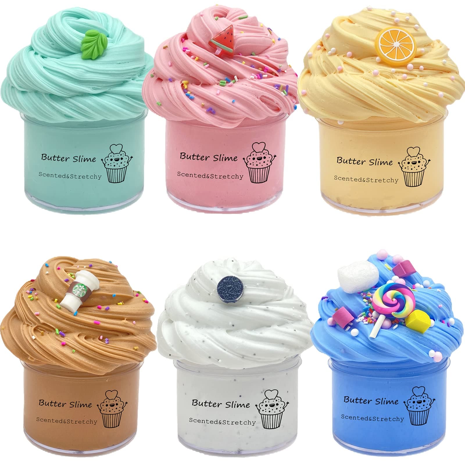 YMDY Butter Slime Kit 6 Pack Pre-Made Party Favors With Oreo, Candy, Watermelon, Coffee, Lemon and Mint Slime - Super Soft and Non-Sticky Gifts for Kids Girls Boys