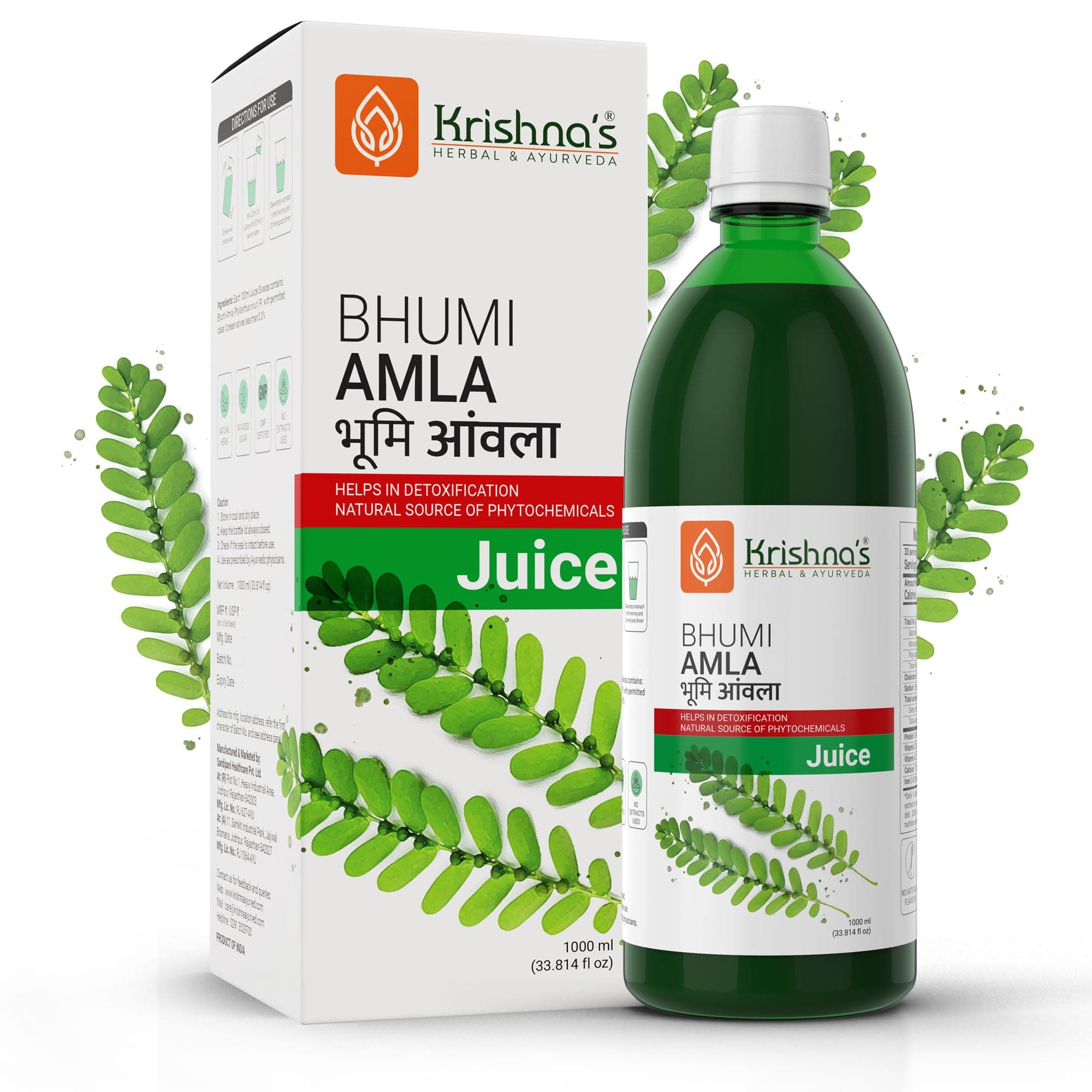 KRISHNA'S HERBAL & AYURVEDA Bhumi Amla Juice - 1000 ml | Natural liver detoxifier | Strengthens the digestive system | Sugar free Juice