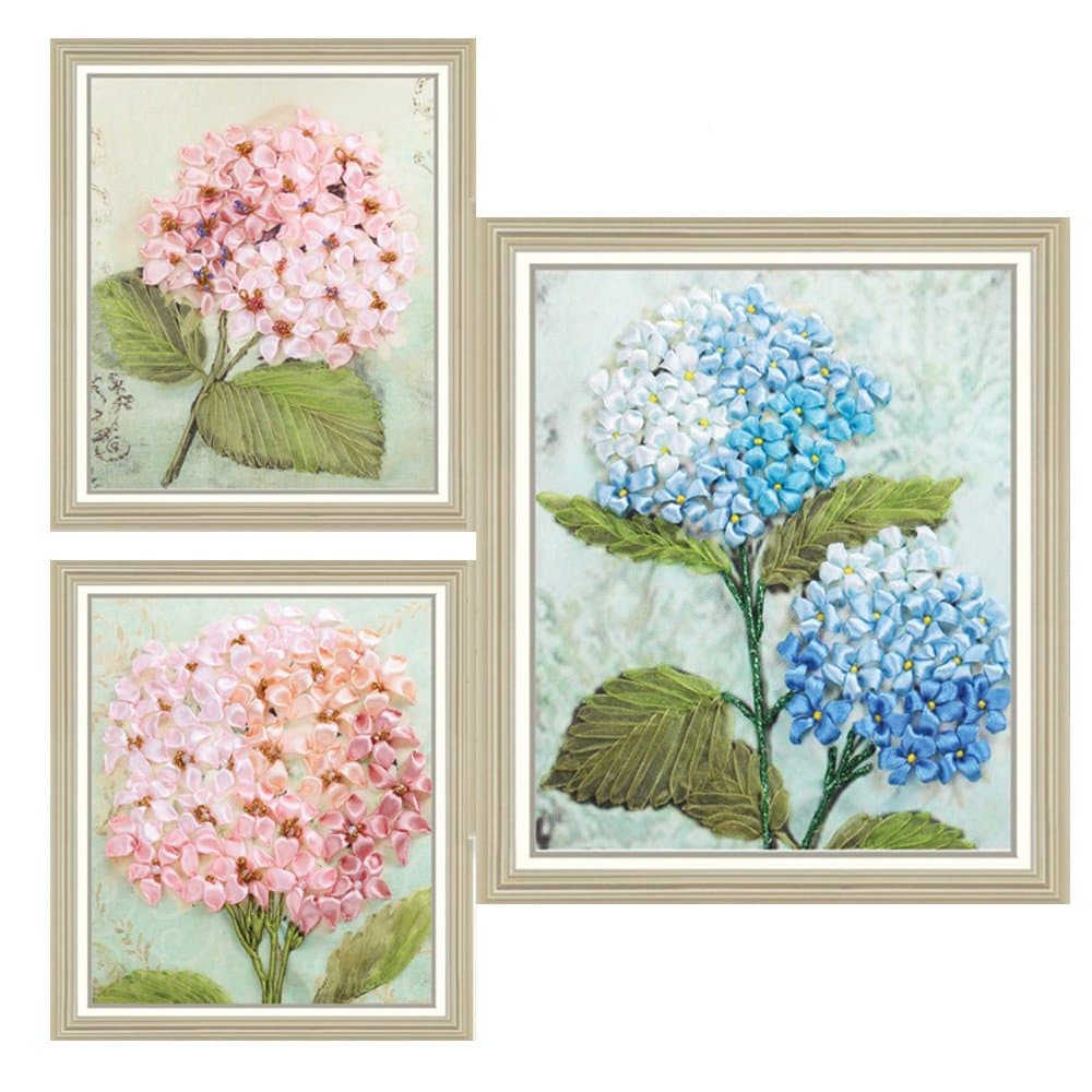 Ribbon Embroidery Kit Little Hydrangea Set for Beginner Painting Wall Decor with Hoop Not Include Frame
