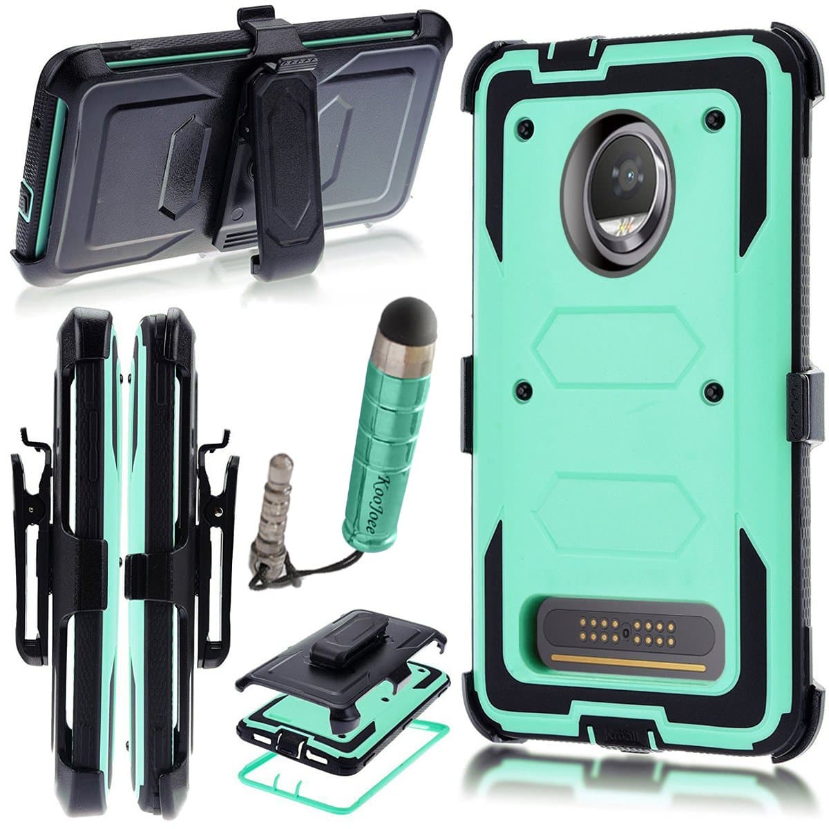Moto Z2 Play/Moto Z2 Force Edition 2017 Case,Heavy Duty Shockproof[Kickstand][Belt Swivel Clip] Dual-Layer Full-Body Armor Rugged Protection Case with Built-in Screen Protector(Free Stylus) (Aqua)
