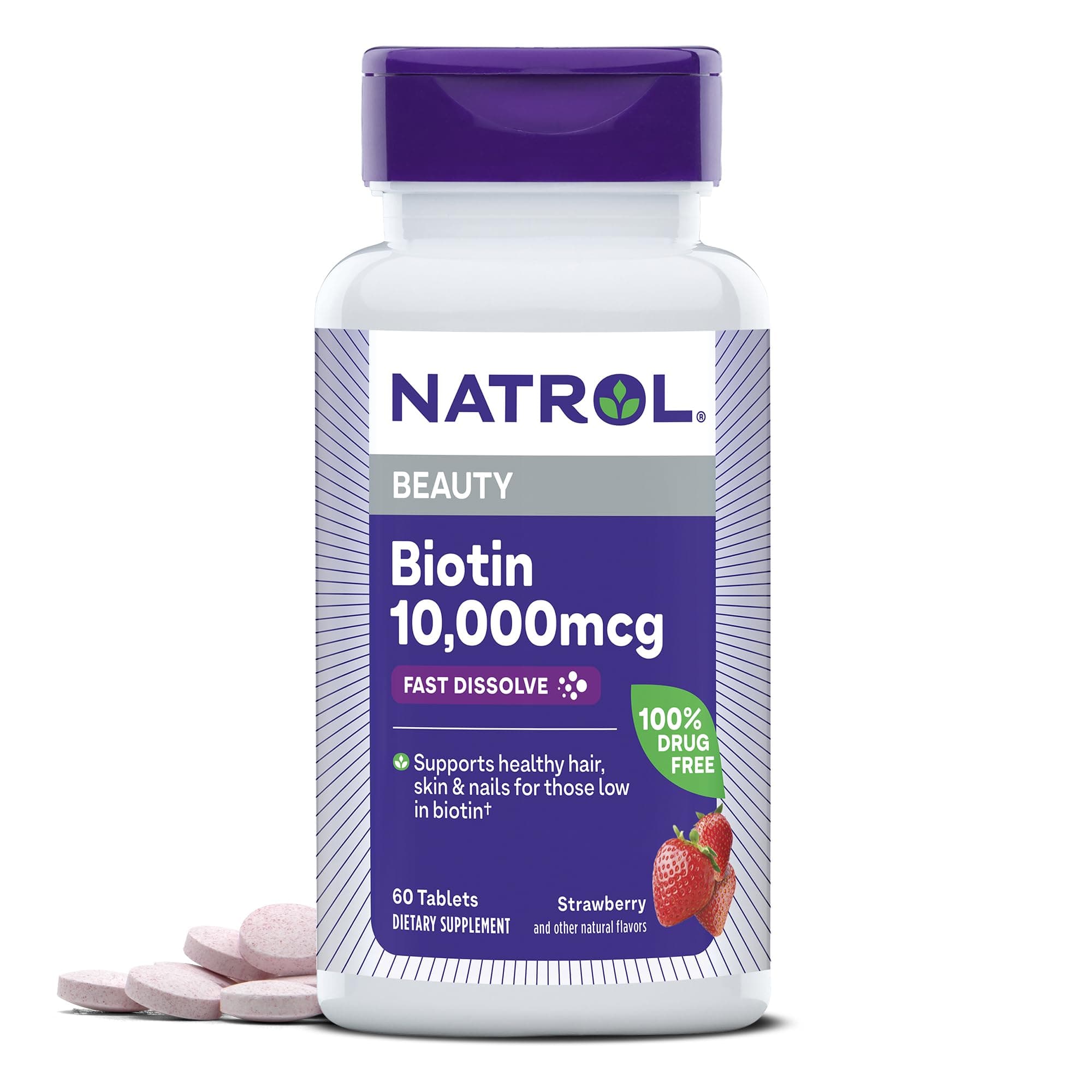 Natrol, Biotin, Natural Strawberry Flavor, 10,000 Mcg, 60 Tablets