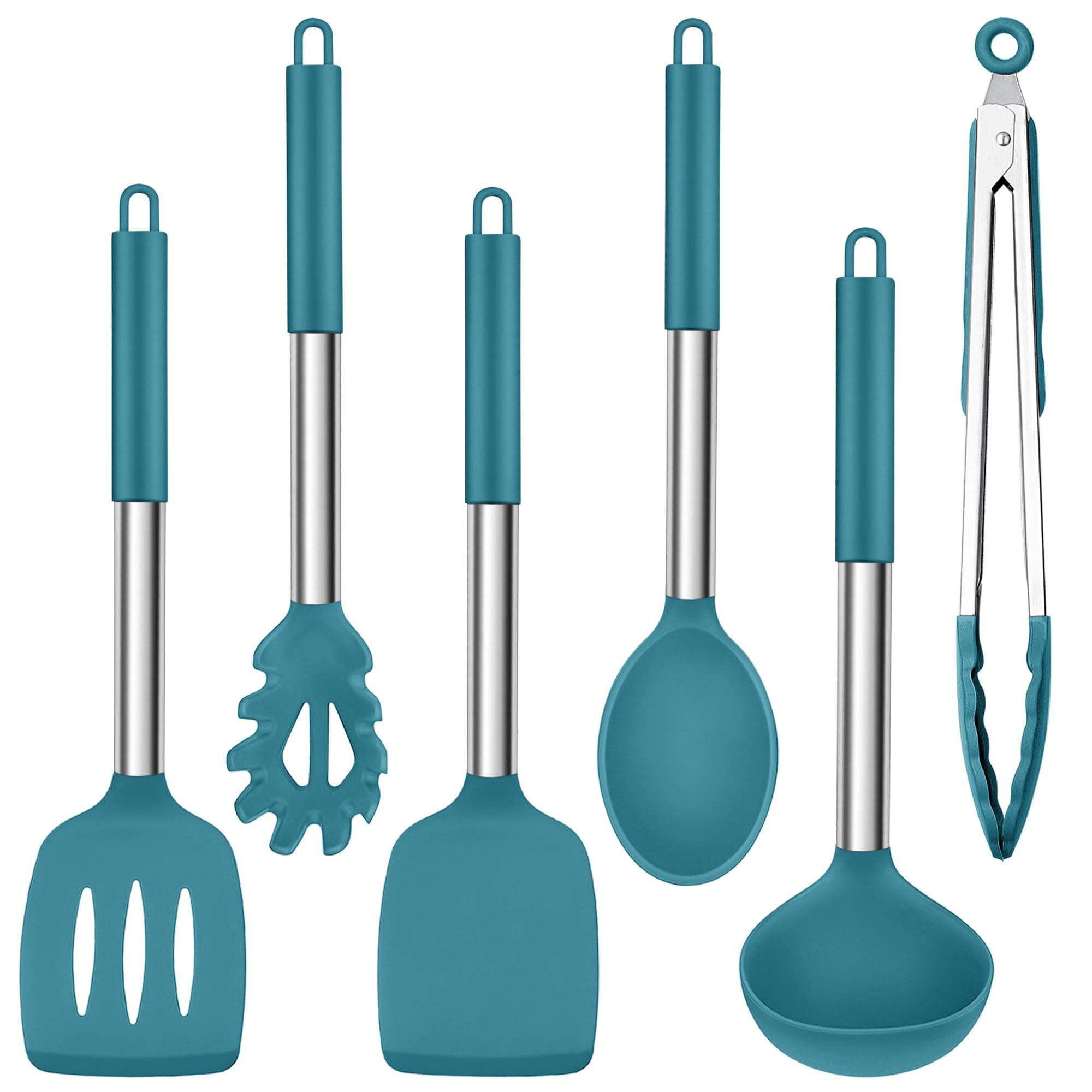 Kitchen Utensils Set, 6-Piece Silicone Cooking Utensil Set, Heat Resistant Stainless Steel Handle Cooking Tools, Non-Stick Silicone Spatula Turner Spoon Set, Easy to Clean - Blue