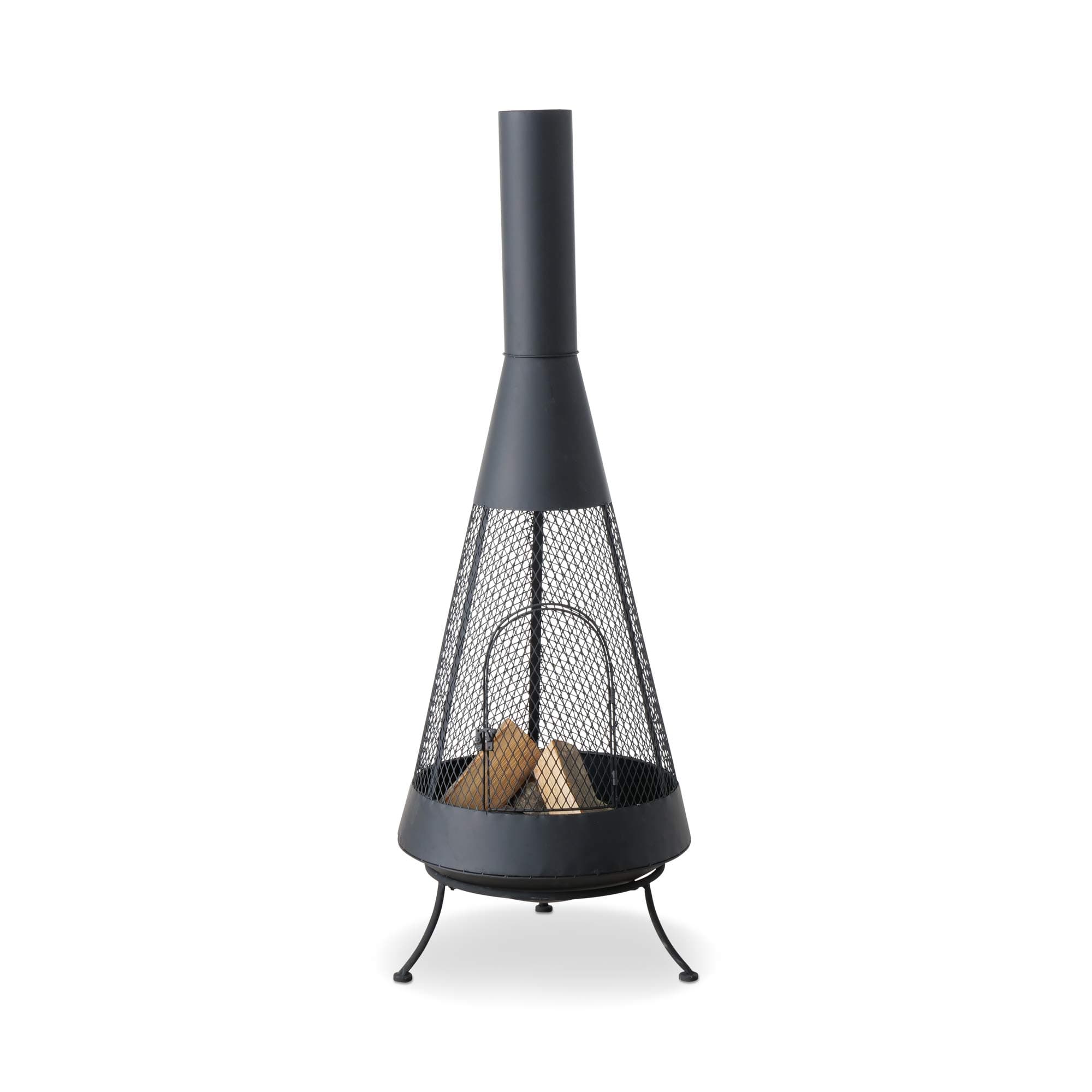 WHW Whole House Worlds Scandi Garden Chiminea, Free Standing Fireplace, Modern Farmhouse Style, Black, Removable Grill, 360 Degree View Basket, Iron, 19.75 D x 56.75 H Inches