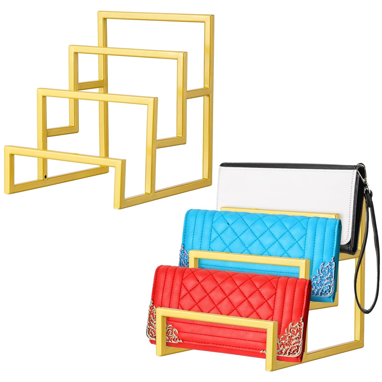 DoubleFill 2 Pack Clutch Purse Display Stand Retail Store Wallet Display Rack Metal Purse Holder for Closet Bag Organizer for Home Boutique Store Supplies, Polished Gold (3 Layer)