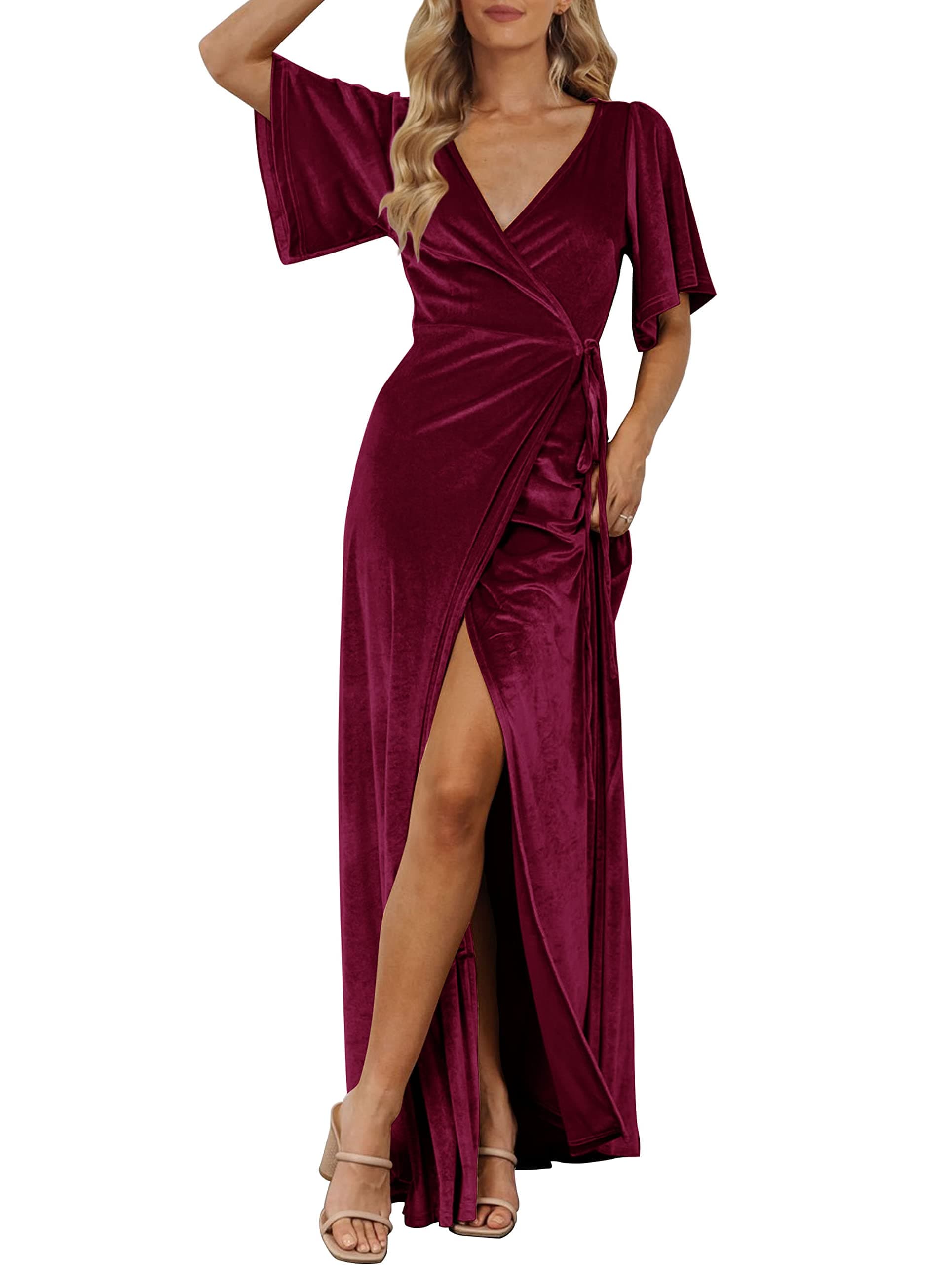MEROKEETY Women's V Neck Wrap Velvet Maxi Wedding Guest Dress Bell Sleeve Split Bridesmaid Cocktail Party Formal Dresses