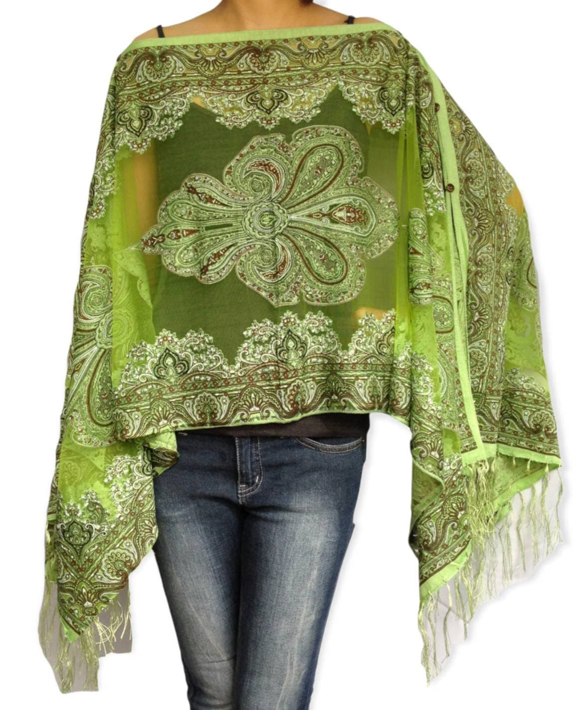Love Boho Embroidery Scarf Poncho Caftan, Kaftan Poncho,Chiffon Fabric, Shawl Cover up Beachwear women's shawl, Light Green Color
