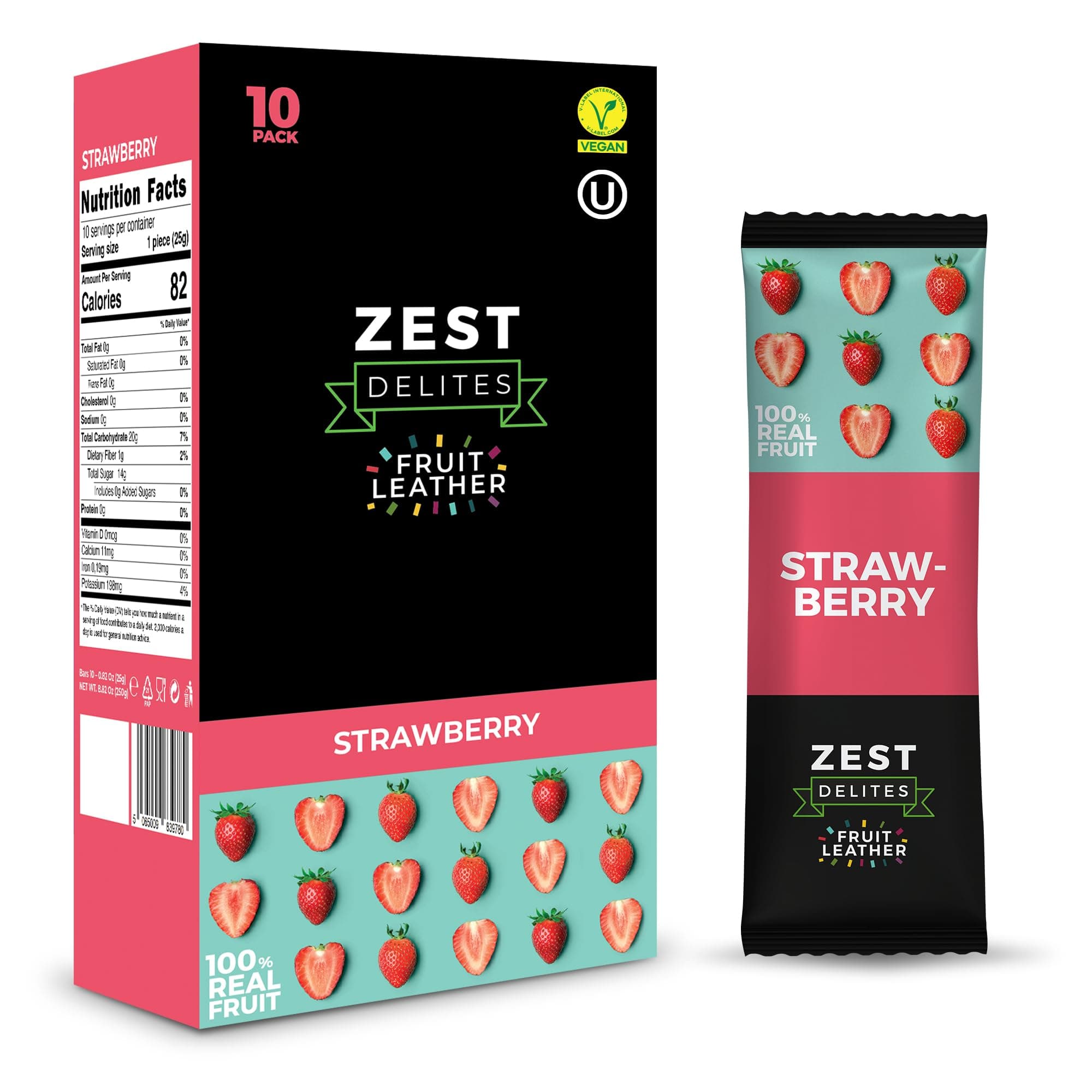 Dried Fruit Bars by Zest Delites, Fruit Leather Snacks, Strawberry Strips, Healthy Snacks Pack for Adults & Kids, Lavashak, Vegan, Apple-Based, Strawberry, 0.88 oz x 10