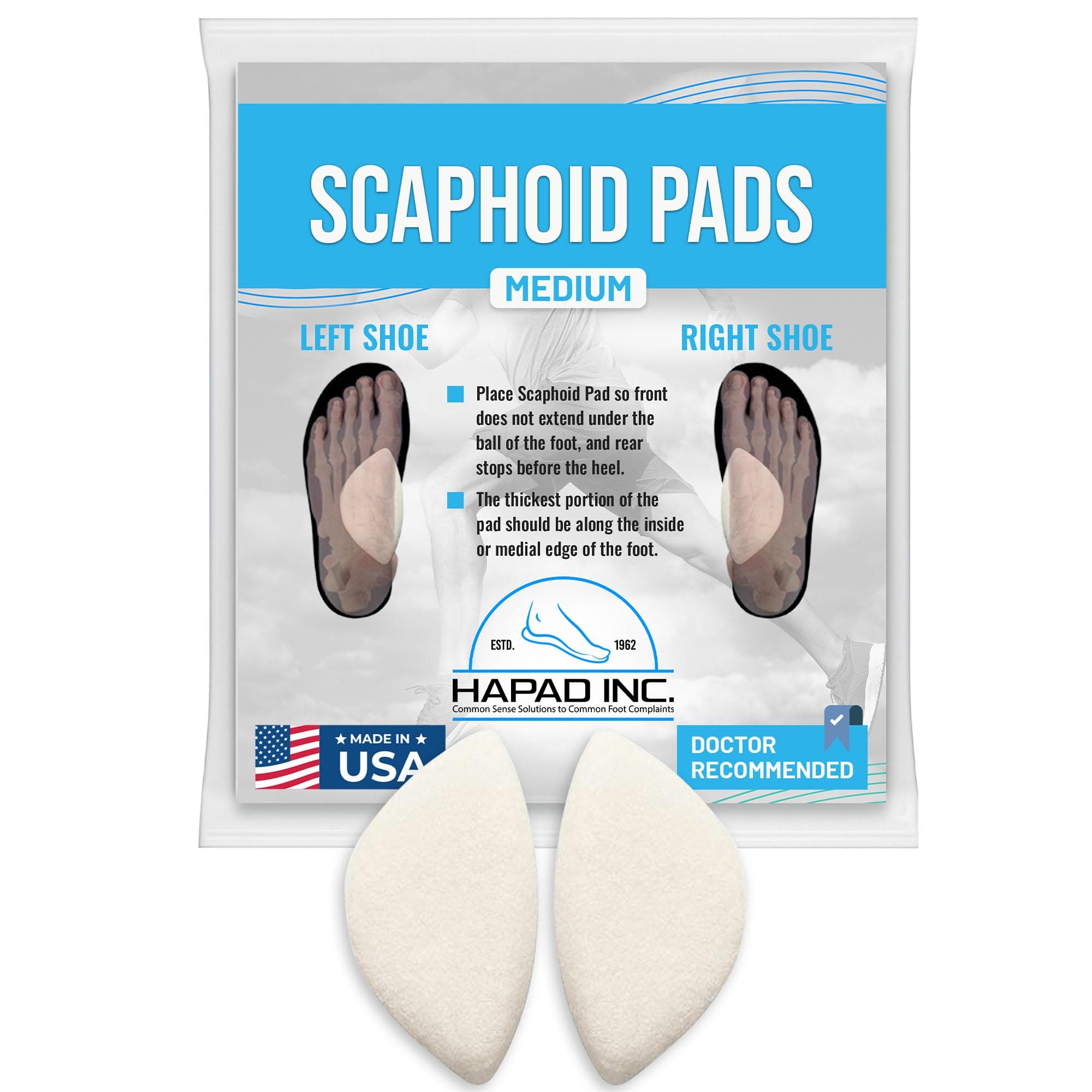 HAPAD Scaphoid Pads for Men & Women, Medium (Pack of 1) - Adhesive Backing, Flat Foot Arch Support Insoles, High Arch Support Inserts for Flat Feet, Pronation, Fallen, High Arch
