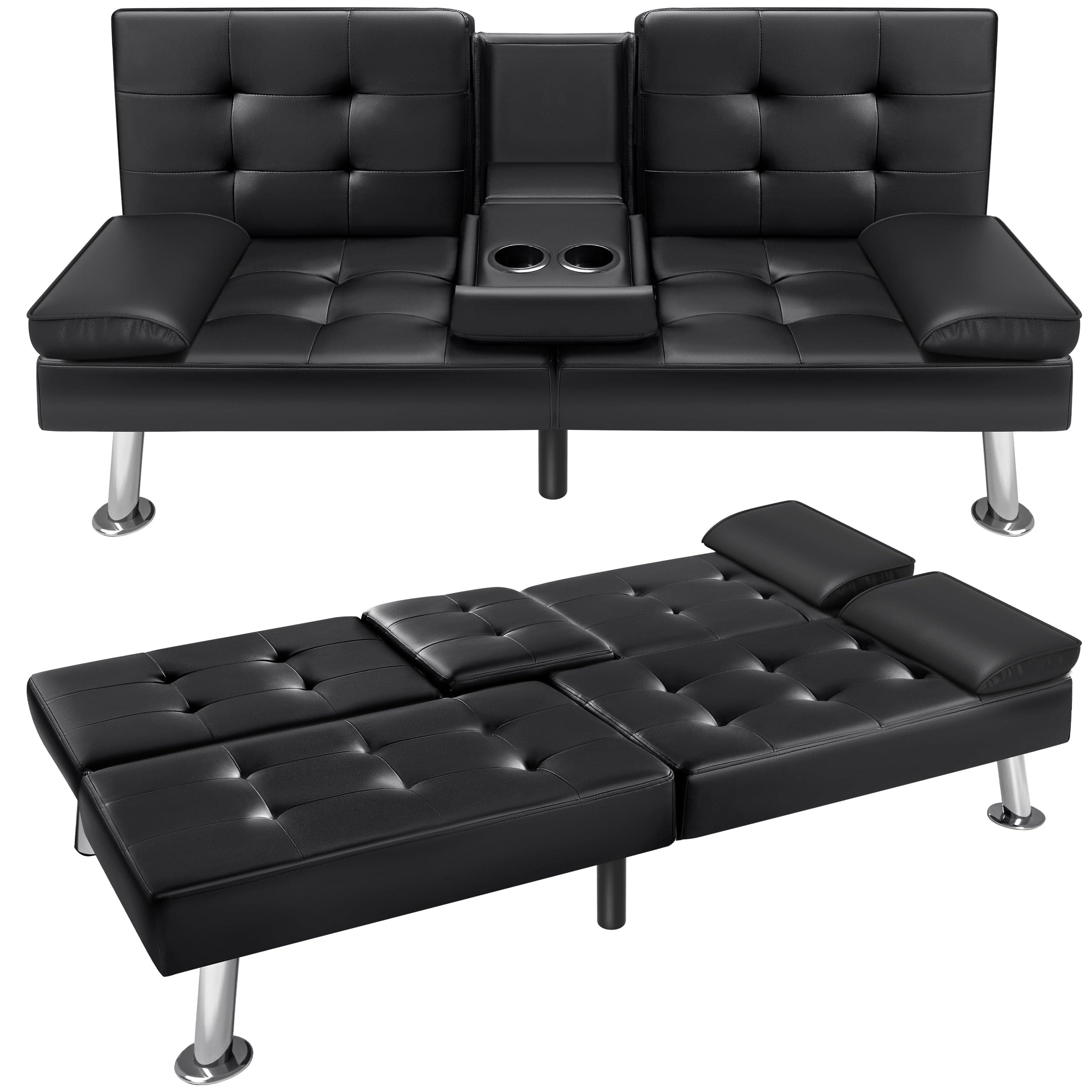 VICTONE Futon Sofa Bed Modern Faux Leather Couch Bed Convertible Folding Recliner for Living Room with 2 Cup Holders and Armrest (Black)