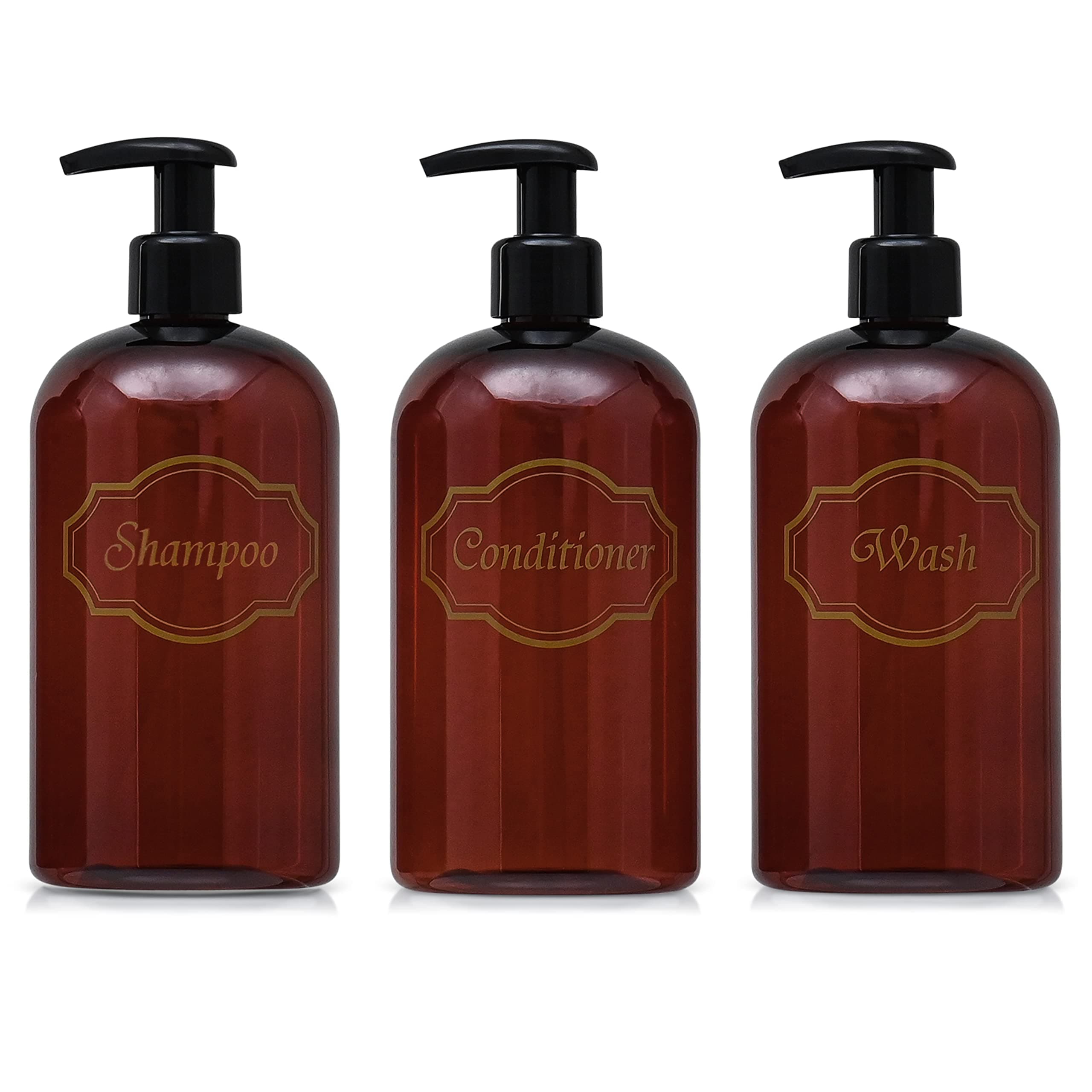 Bottiful Home-16 oz Amber Shampoo, Conditioner, Wash Shower Soap Dispensers-3 Refillable Empty PET Plastic Pump Bottle Shower Containers-Printed Design-Waterproof, Rust-Free, Clog-Free, Drip-Free