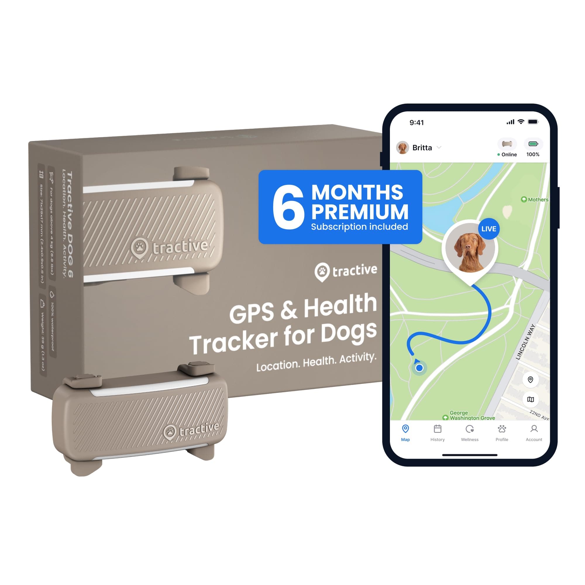 Tractive GPS Dog Tracker (2025 Release with Free 6 Month Subscription) | Real-time Pet Location Tracker | Health & Wellness Alerts | Virtual Fence for Dogs | Bark Monitoring (Brown)