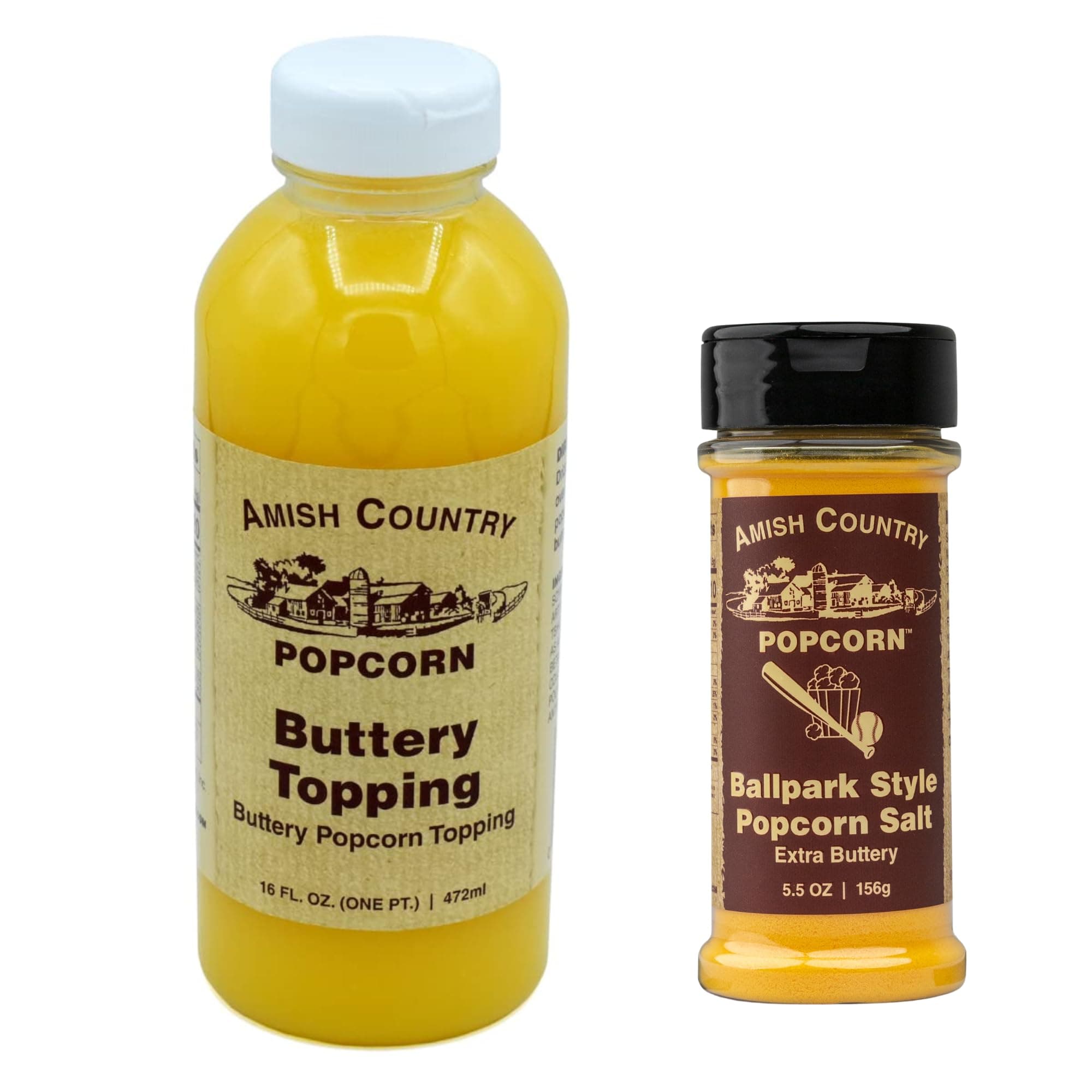 Amish Country Popcorn | Seasoning and Topping Variety Pack | Buttery Topping - 16 oz and Ballpark ButterSalt Popcorn Salt - 5.5 oz