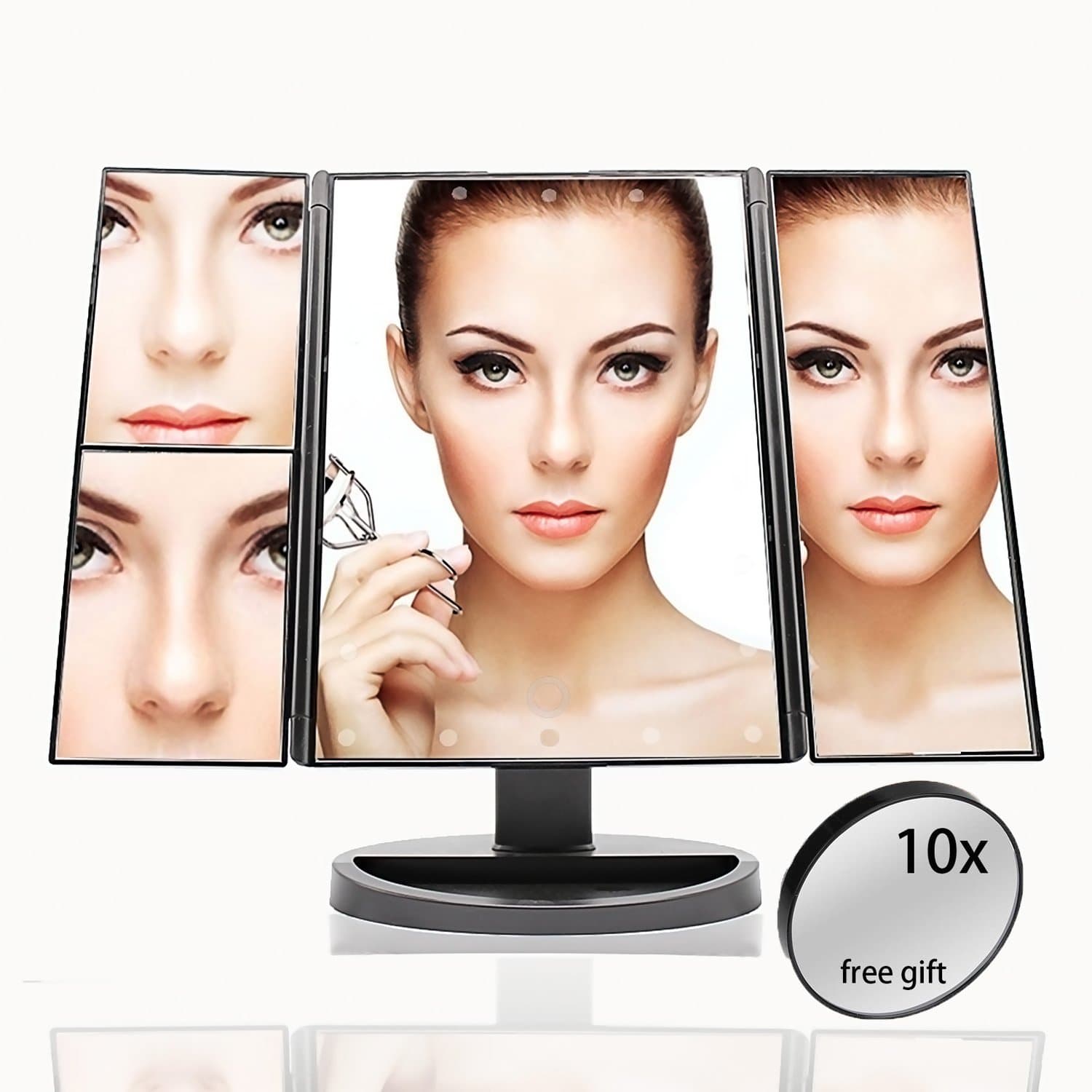 Samways Trifold Makeup Vanity Mirror 22 LED Lights 1x/2x/3x/FREE 10x Magnifying Illuminating Dimmable Daylight Folding Stand Mirrors Touch Control Adjustable Best Women Cosmetic Make-up Shaving Black