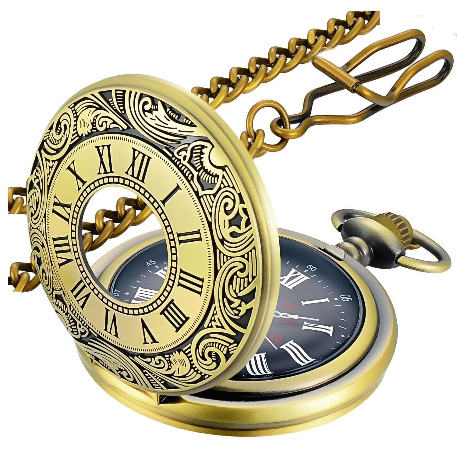 Vintage Pocket Watch Roman Numerals Scale Quartz Pocket Watches with Chain Christmas Graduation Birthday Gifts Fathers Day