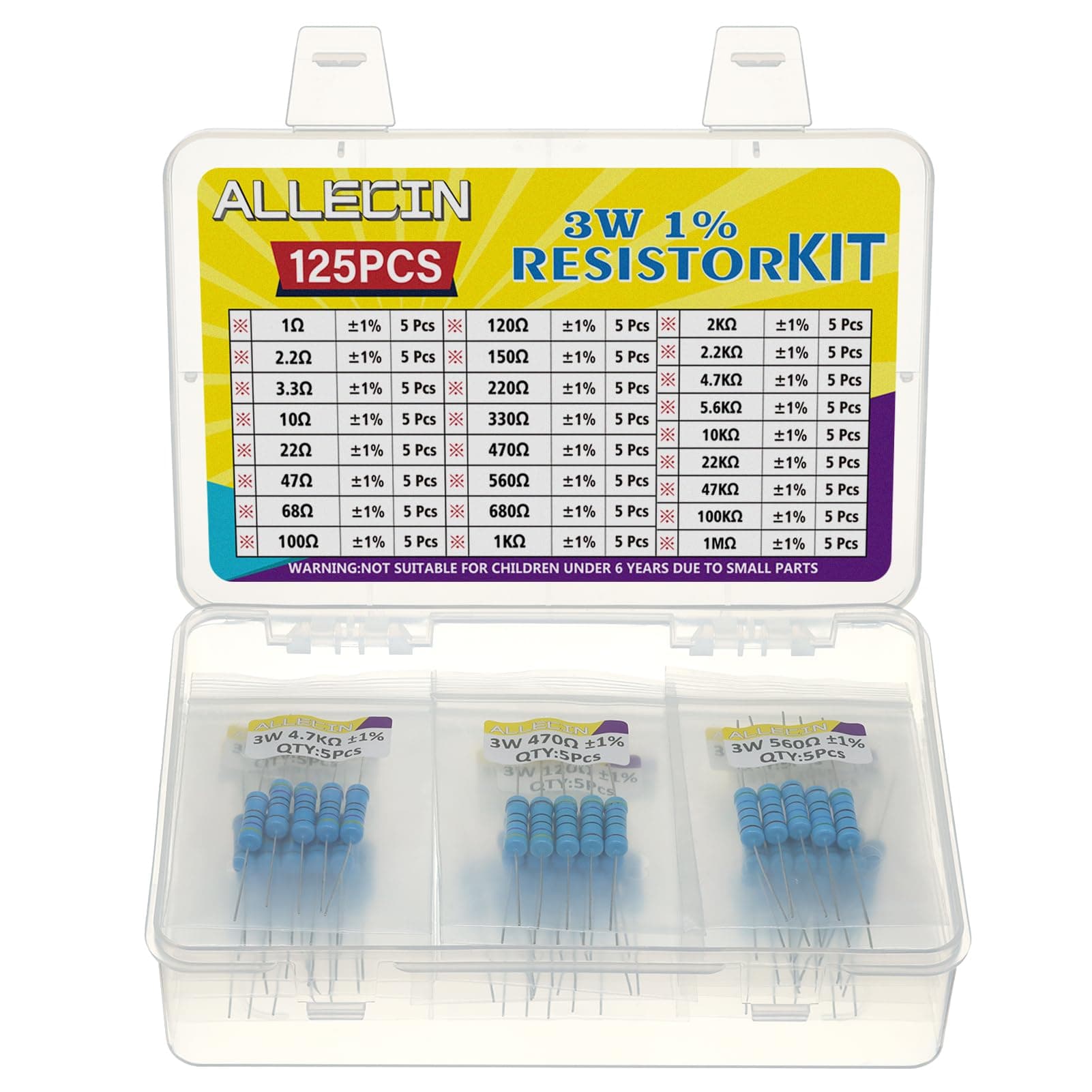 3W Metal Film Resistor Kit from 1 Ohm to 1M Ohm 25 Values 3 Watt 1% Resistors Assortment