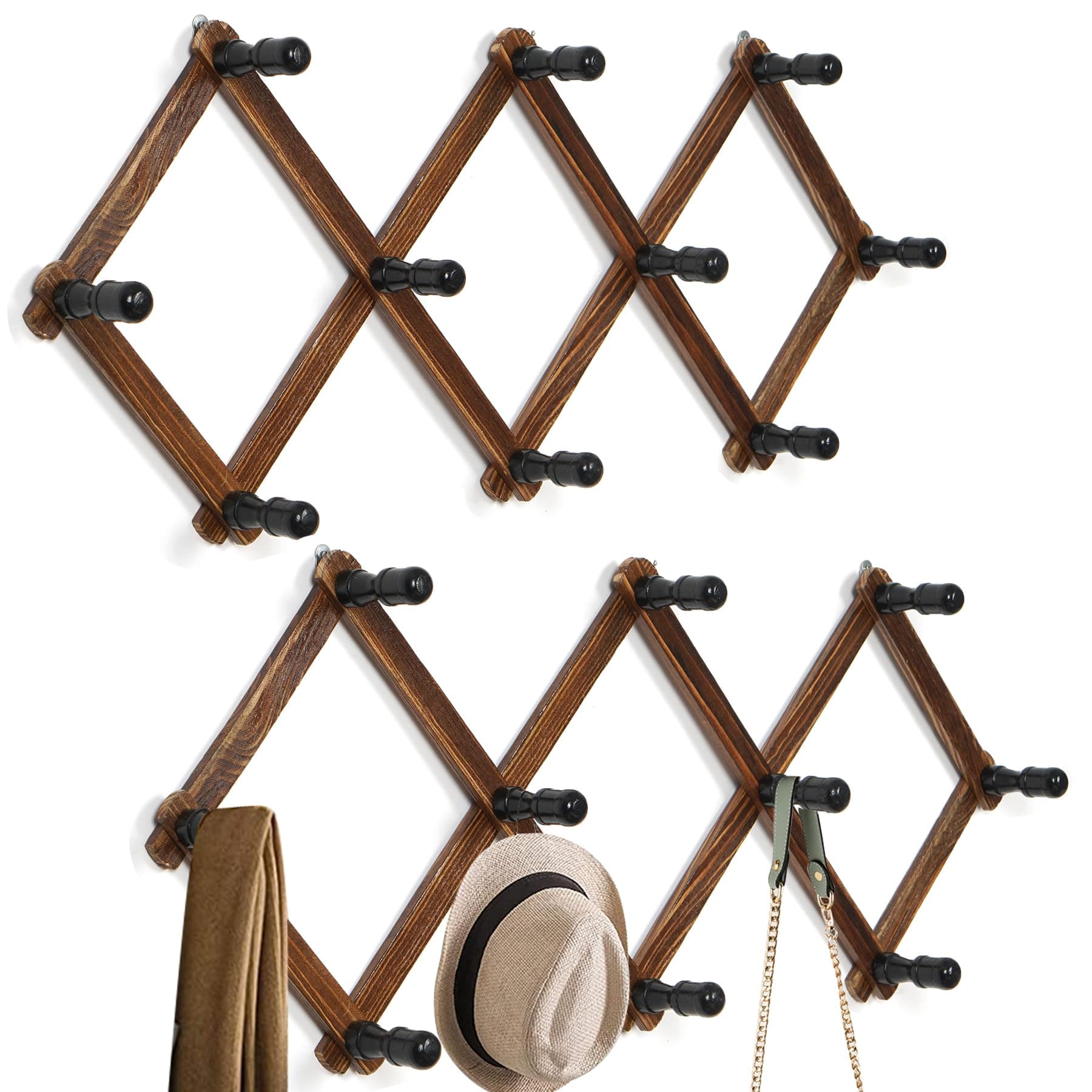 WGFKVAS 2 Pack Accordion Hat Rack for Wall - Expandable Coat Rack & Wall Mounted Hat Holder - Wooden Wall Hanger with 10 Peg Hooks for Coats, Baseball Caps, Keys & Mugs