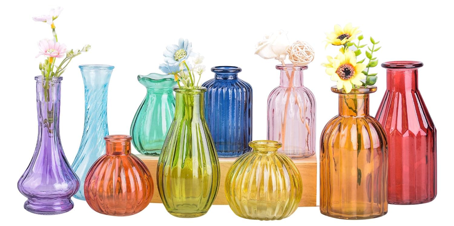 Eleganttime Bud Vases for Flowers,Glass Colored Bud Vase in Bulk Set of 10,Small Vintage Vase Bottle for Wedding Decorations,Garden and Home Decor,Centerpieces,Colorful Mexican Décor