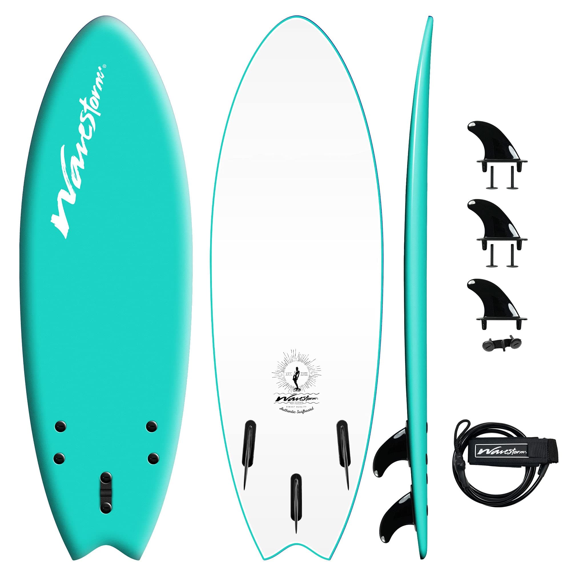 Wavestorm -Foam 5'6" Surfboard/Fish Swallow Tail Surfboard Soft Top for Beginners and All Surfing Levels Youth Complete Set Includes Leash and Multiple Fins