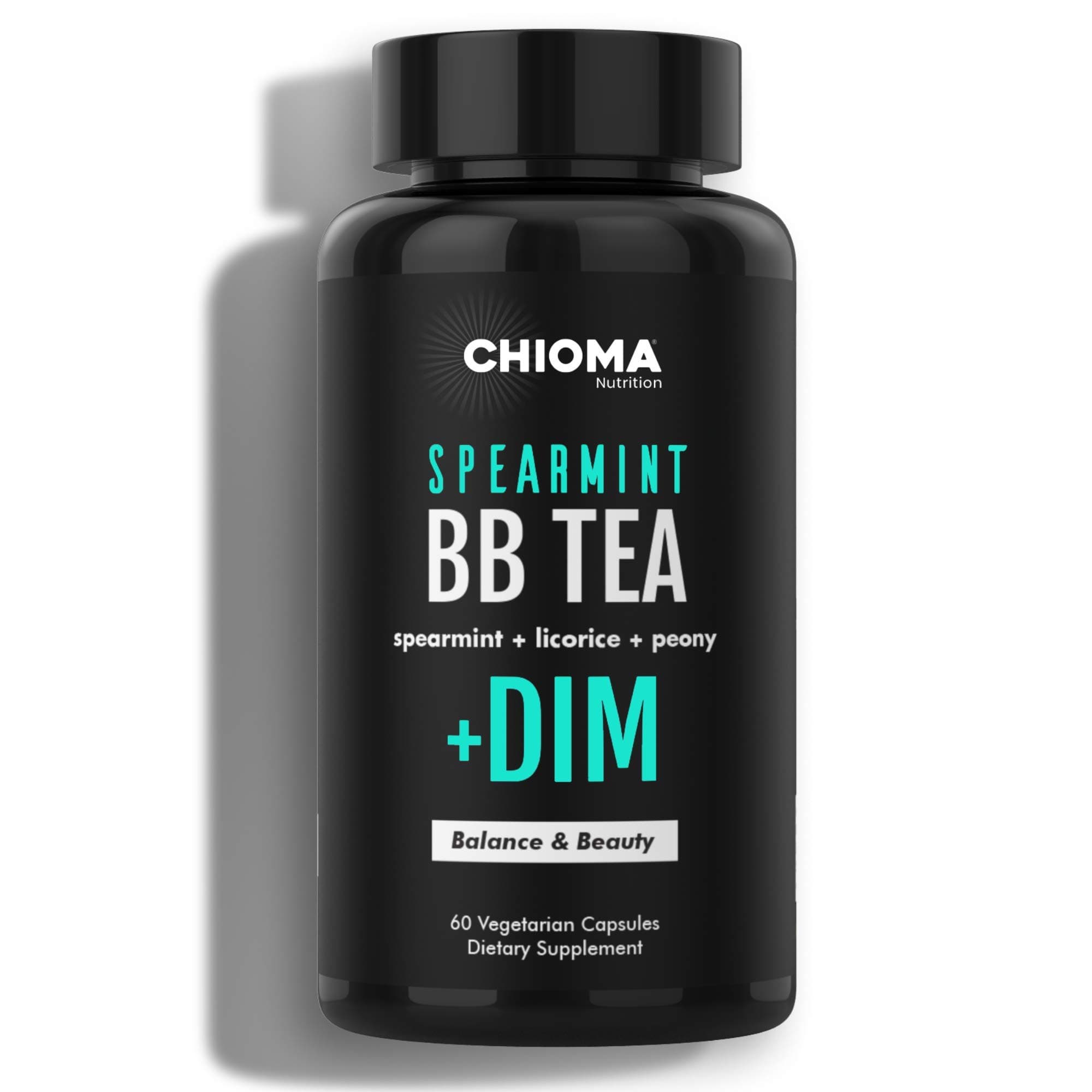 Spearmint BB Tea with DIM The Original Body Hair Acne Inhibitor Caffeine Free Capsules Women's Hormone Balance + Free Eating for Balanced Hormones Plan