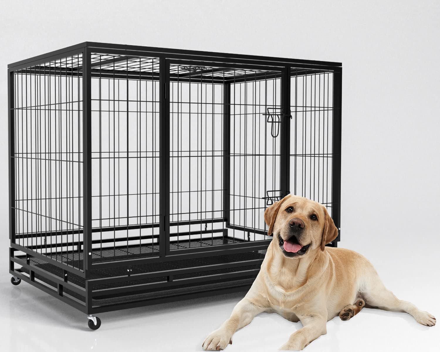 Large Dog Crate,42 inch Heavy Duty Dog Crates for Large Medium Small Dogs,Dog Kennel Indoor Outdoor Dog Cage,Metal Pet Crates with Tray, Double Door with Wheels (Heavy Duty 42 inch)