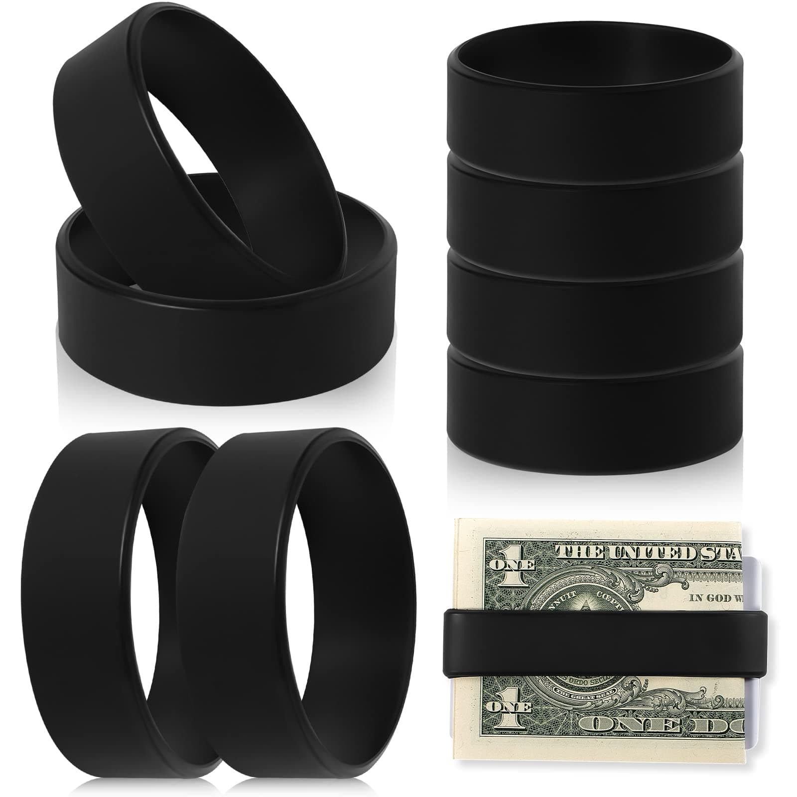 Jerify Set of 8 Wallet Band Money Bands Silicone Bands for Money Cash Cards Elastic Money Holder, Wallet, Money Clip Alternative, with 4 PVC Cards for Men Women (Black)