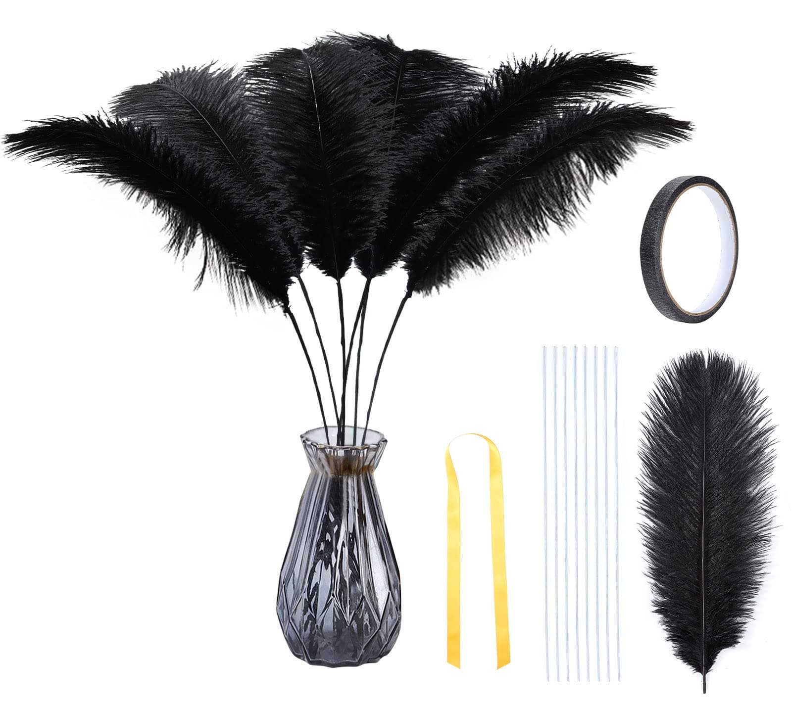 DGYJJZ 20pcs Black Ostrich Feathers Bulk - Making Kit 10-12 Inch Natural Ostrich Feathers for Vase, Wedding Party Centerpieces, Floral Arrangement and Home Decoration