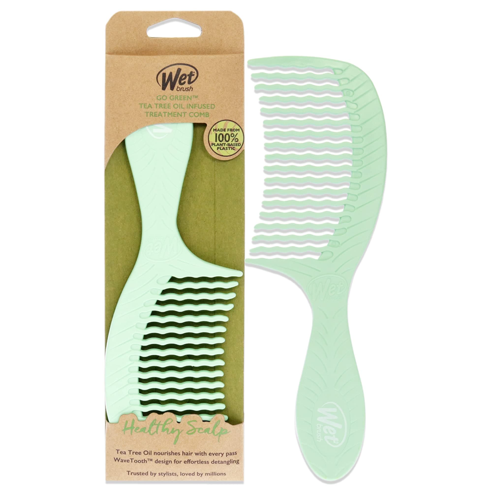 Go Green Tea Tree Oil Infused Treatment Comb - Wide Tooth Hair Detangler with WaveTooth Design that Gently and Glides Through Tangles - No Split Ends and No Damage - 100% Plant-Based Plastic