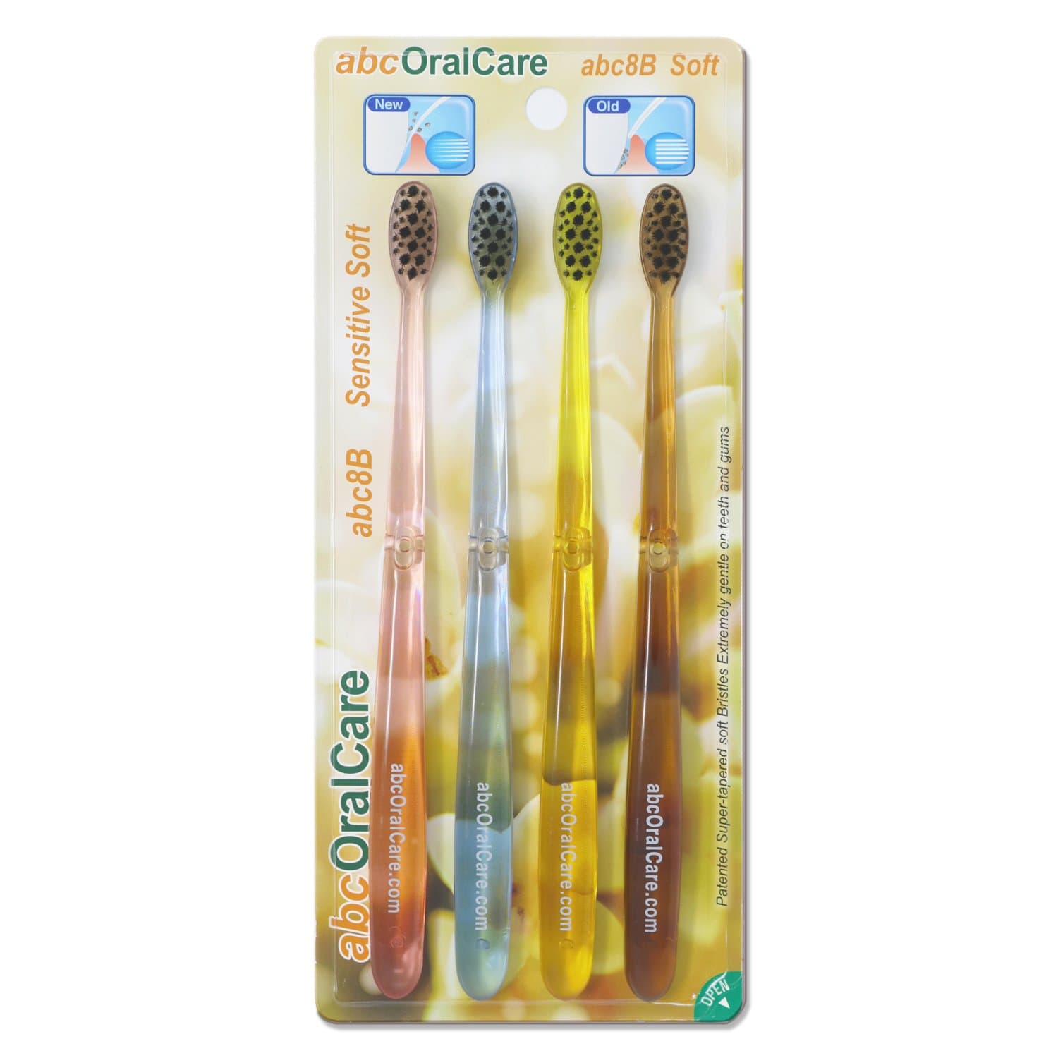 abc8B toothbrushes, New Generation US Patented, Non Nylon, 100% Tapered, Soft and Ultra fine bristles –– Deep Penetration Pack of 4