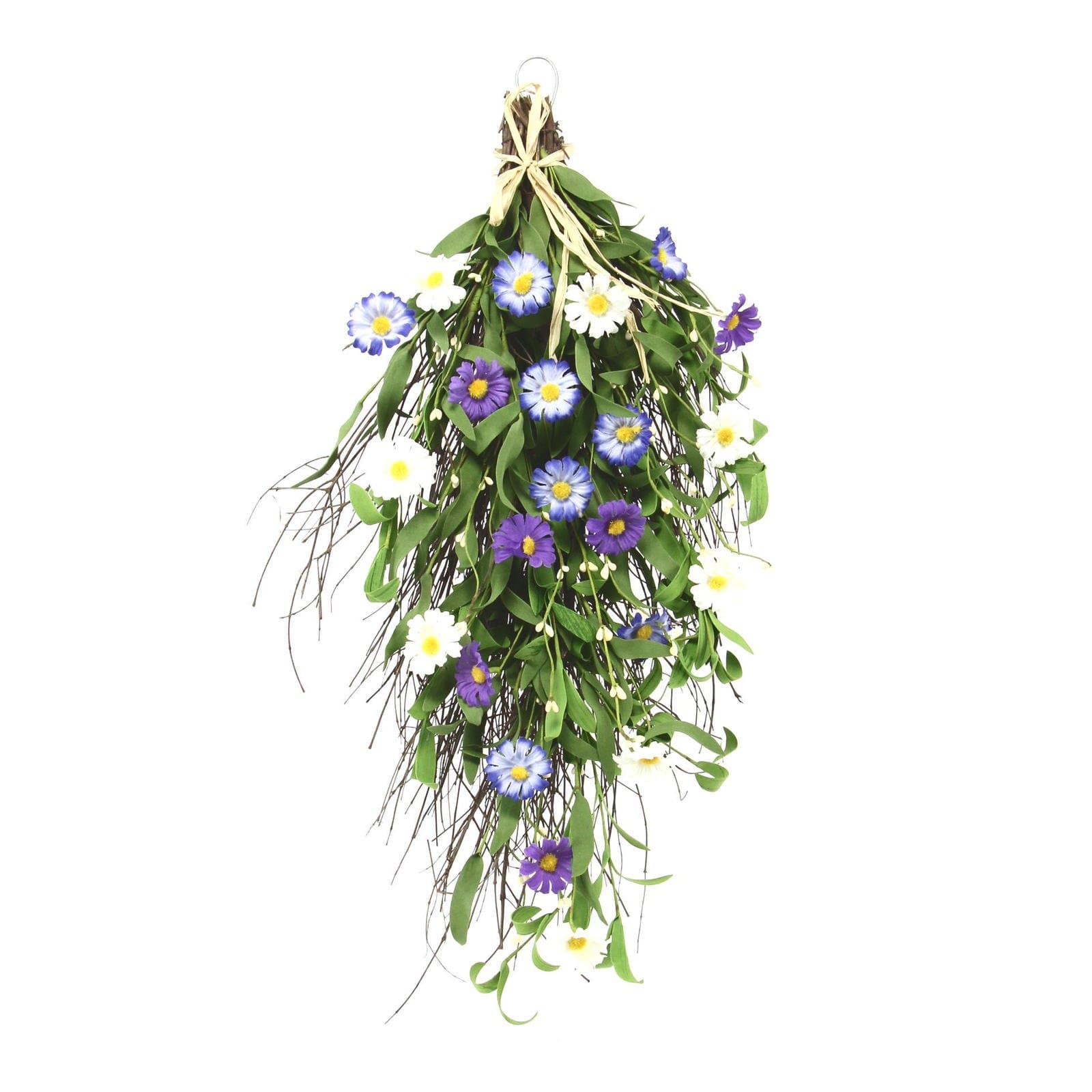 24" Spring Purple and White Daisy Flower Swept Teardrop Wreath, Easter Hanging Home Floral Decoration Front Door Wall Office Holiday Festive Decor Accent