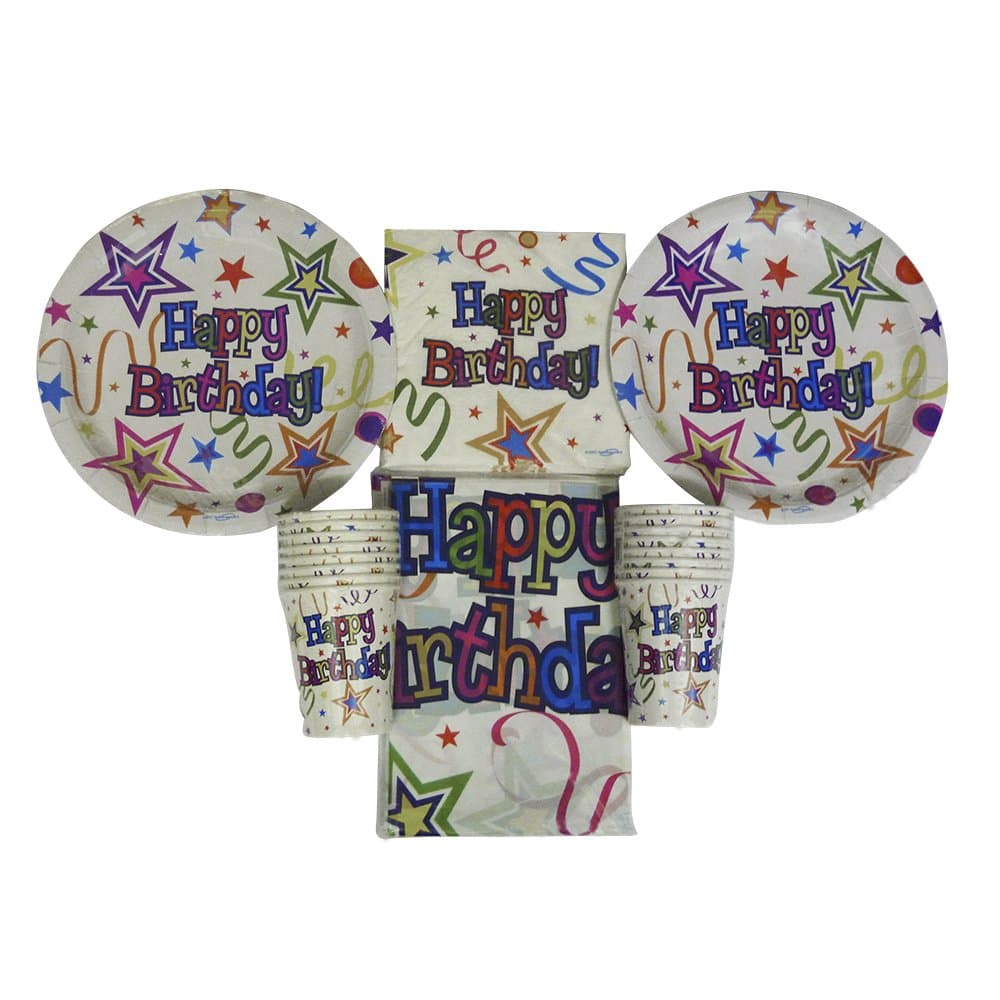 Party Supplies - Tableware Pack – Ribbons and Stars Party Bundle – 16 Paper Plates, 16 Napkins, 16 Cups, 1 Tablecover - Disposable Tableware – Partyware For Kids - 49 items total.