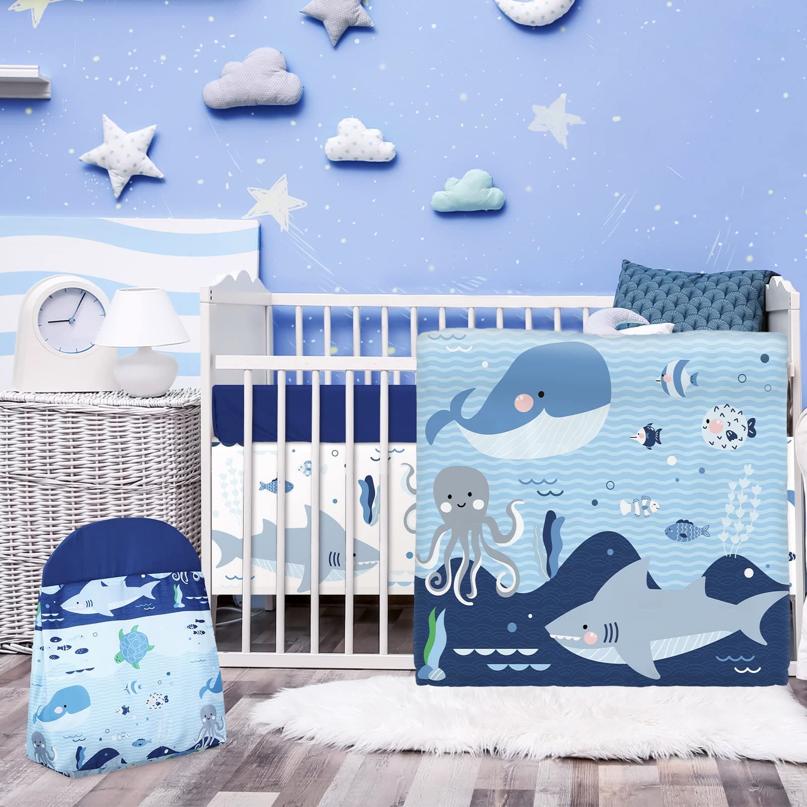 Rtteri 4 Pieces Baby Crib Bedding Set，Nursery Bedding Standard Size Soft Baby Bedding Set Including Crib Skirt，Blanket，Crib Sheet & Diaper Stacker Baby Girls & Boys (Whale)，blue，As Pictures Shown